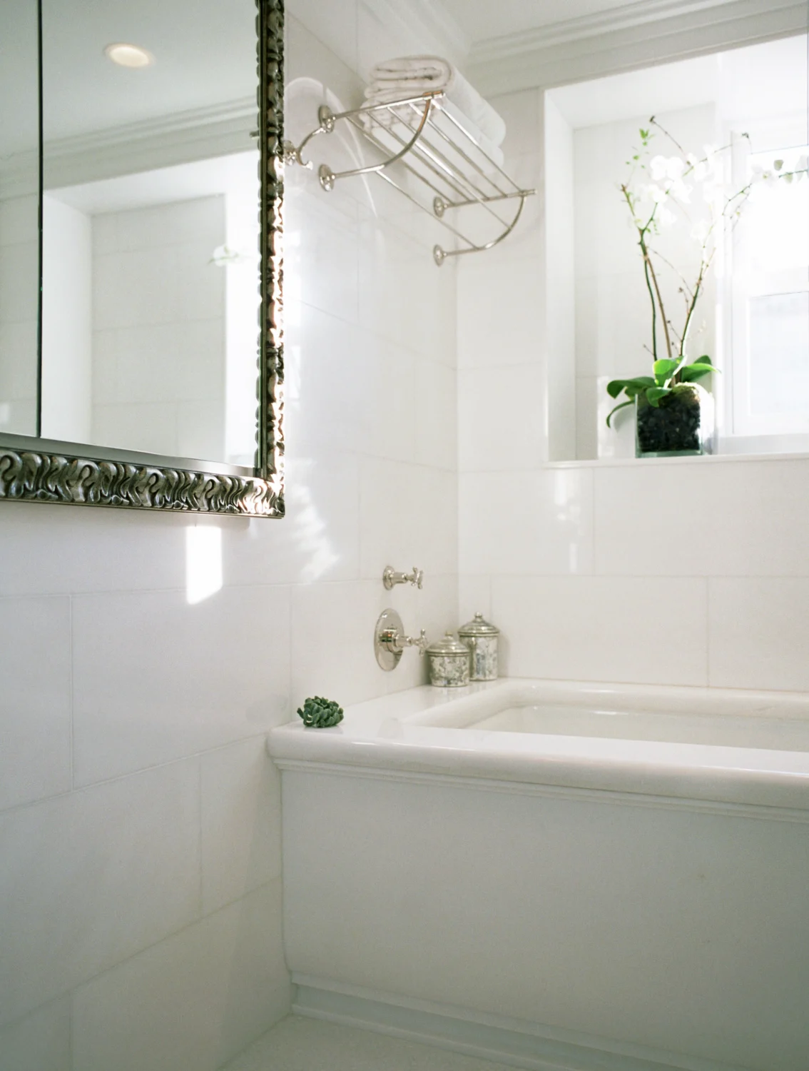 bathtub, mirror, tile, white