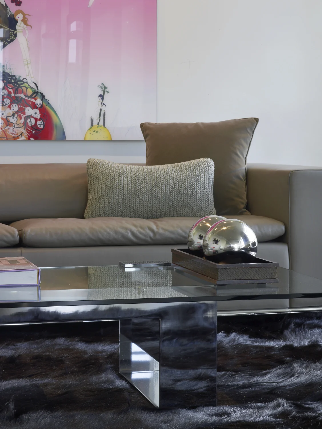 DEN sofa, glass coffee table, carpet