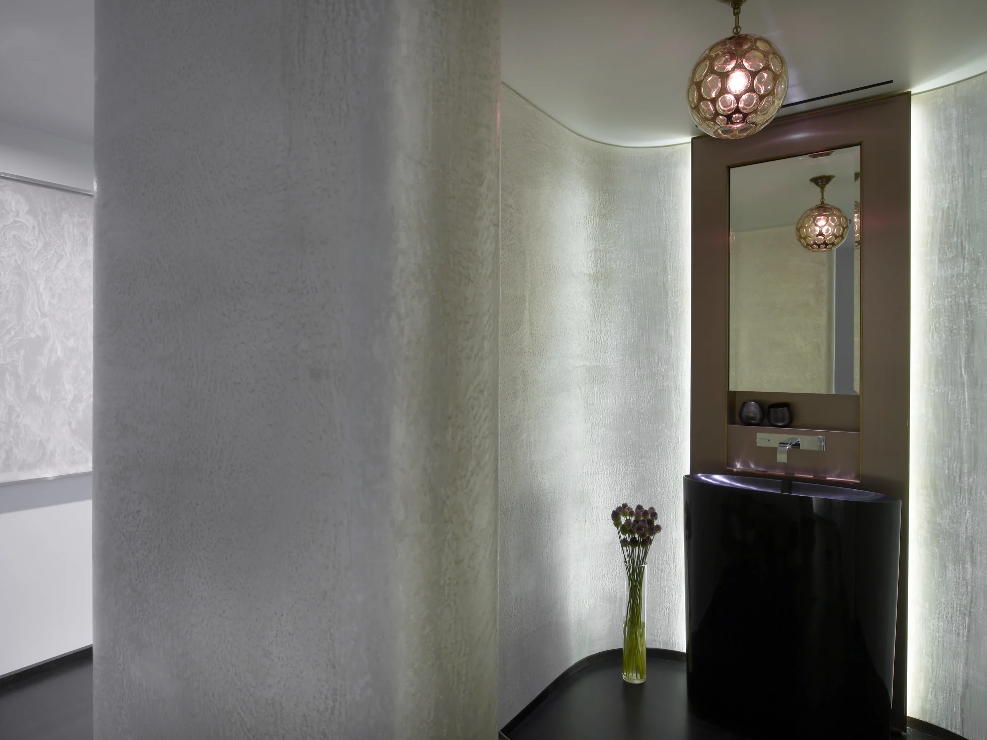 POWDER ROOM, sink, mirror, curved walls
