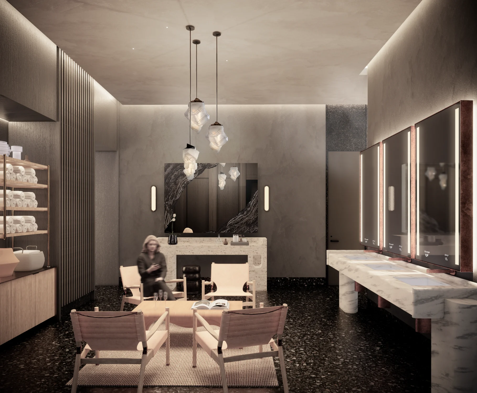 locker room, seating area, sinks, marble