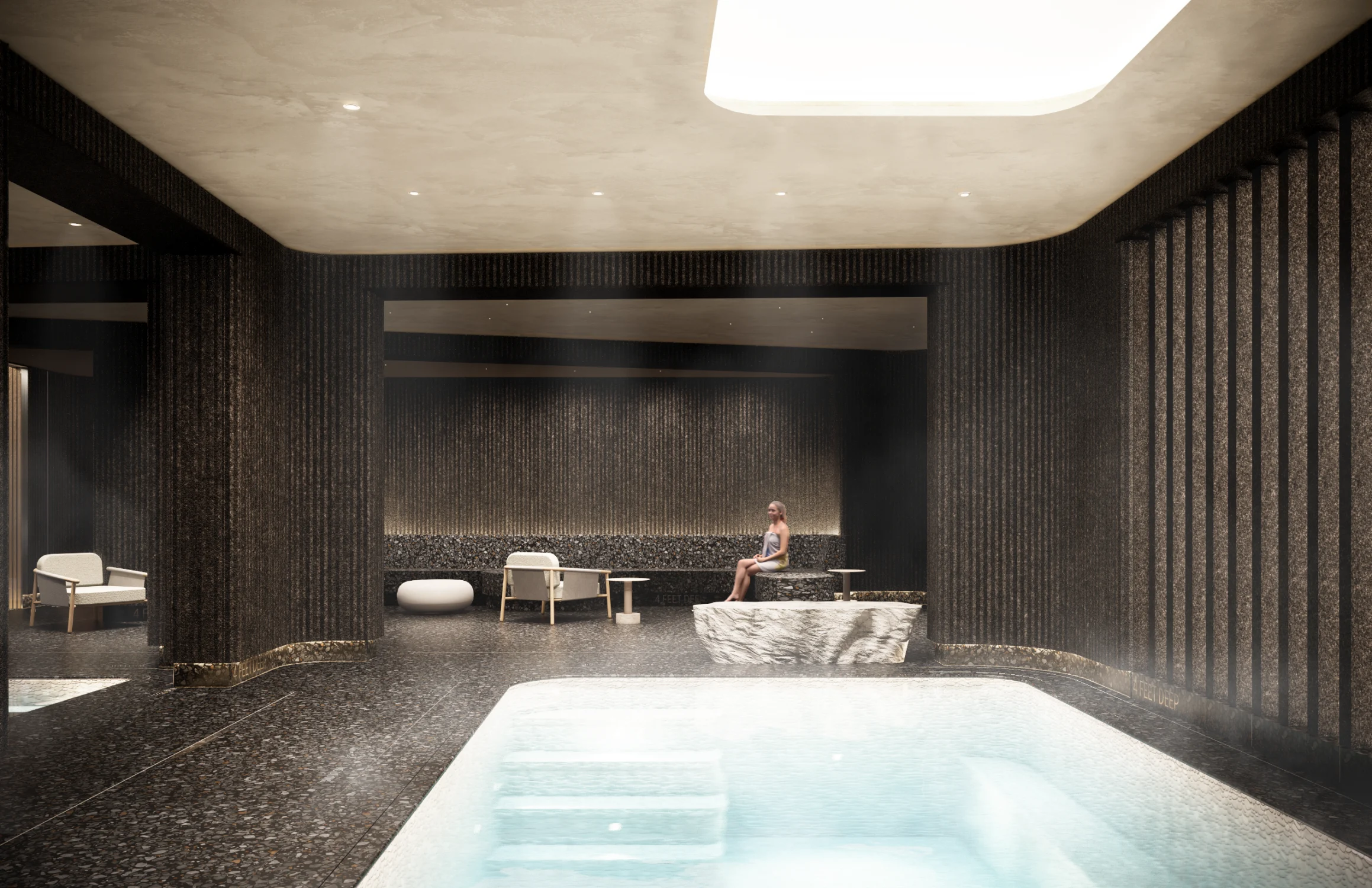 pools, stone, dark terrazo, seating area