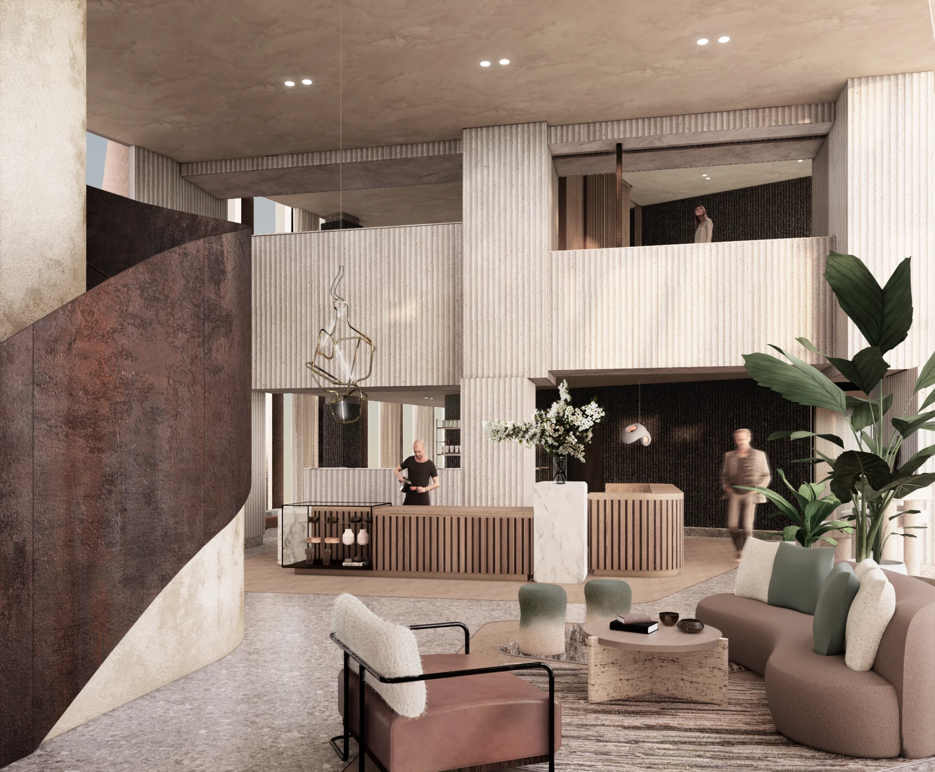 lobby, reception, seating area, staircase