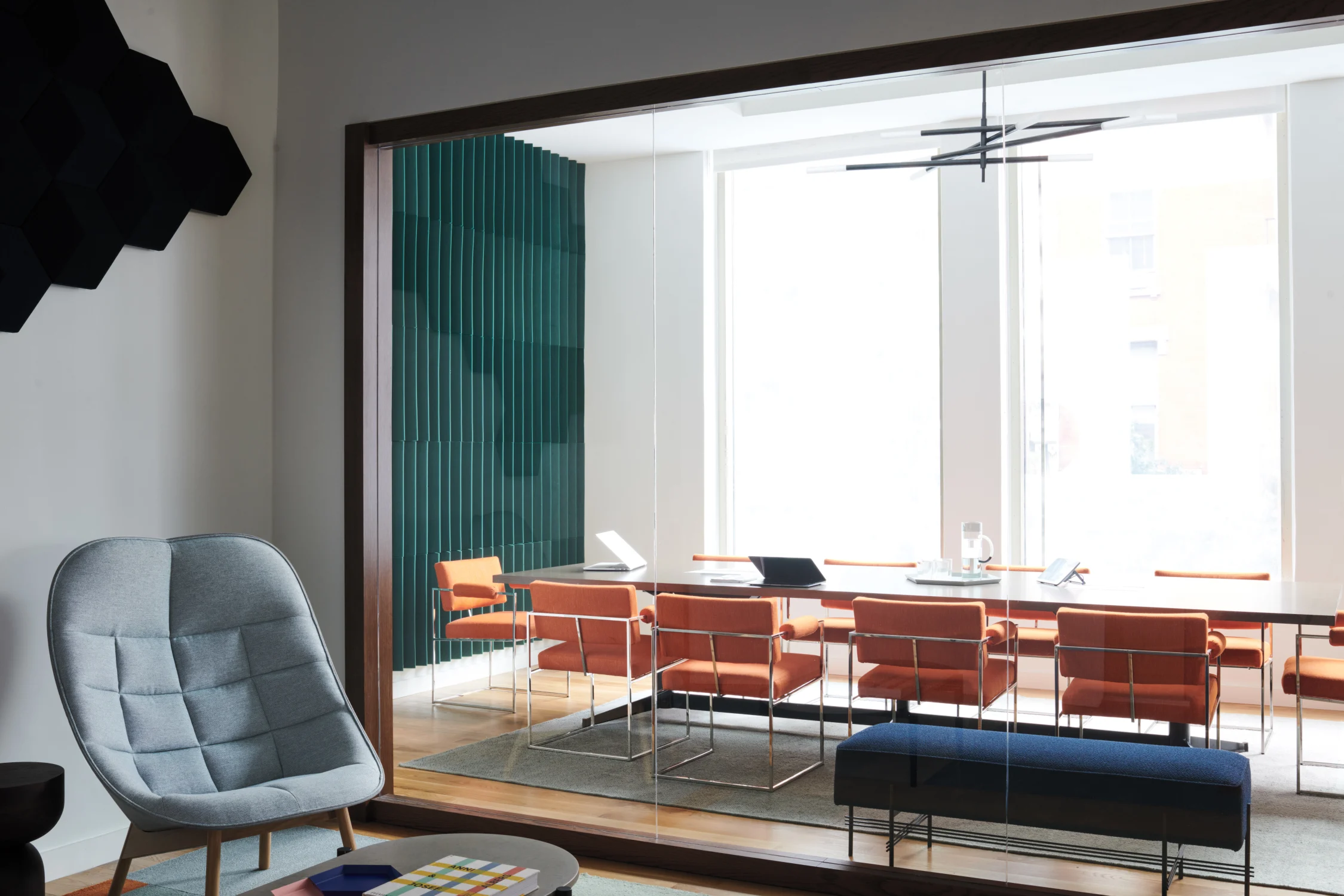 meeting room, orange, blue, windows