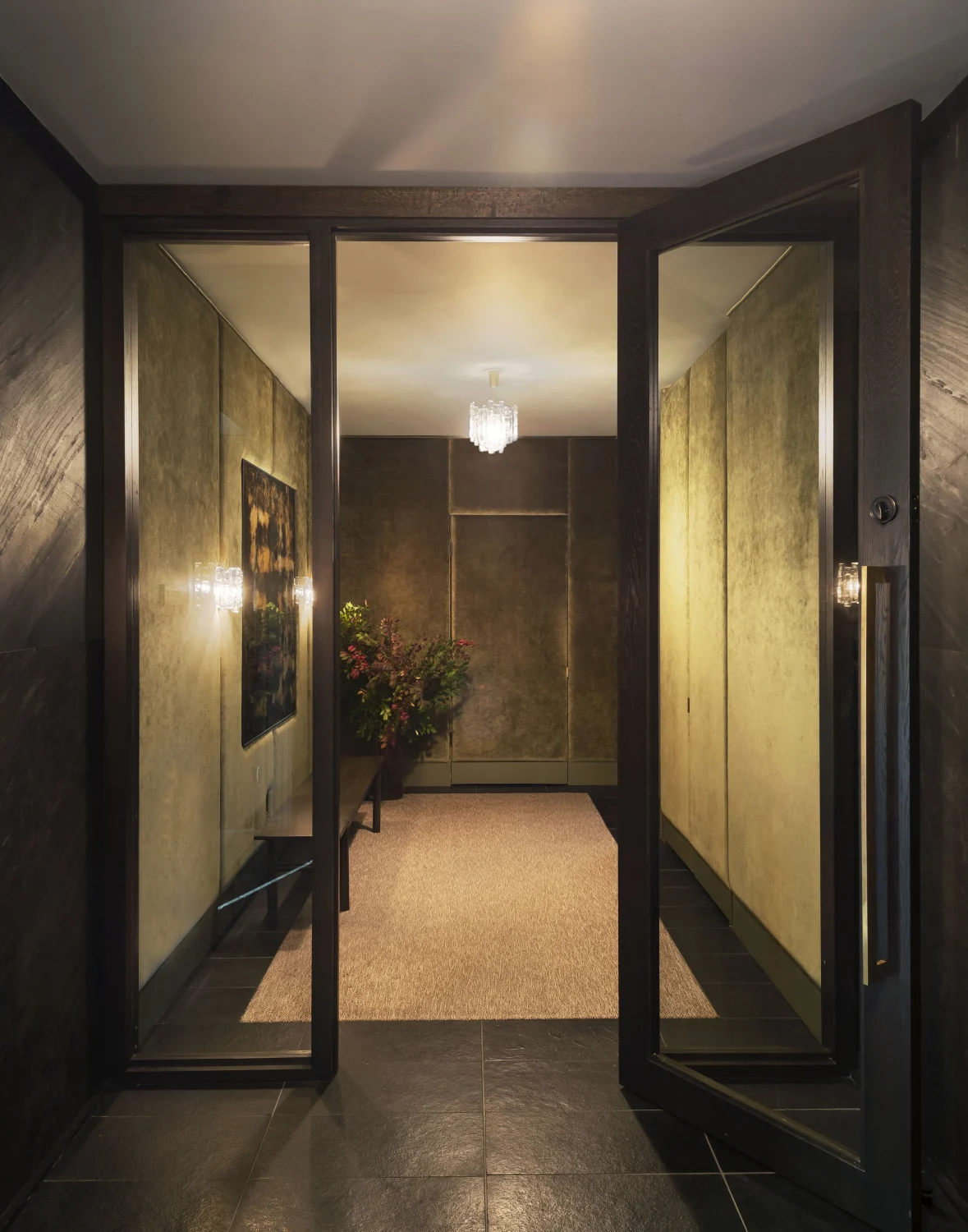 entrance, glass door, hallway, velvet walls