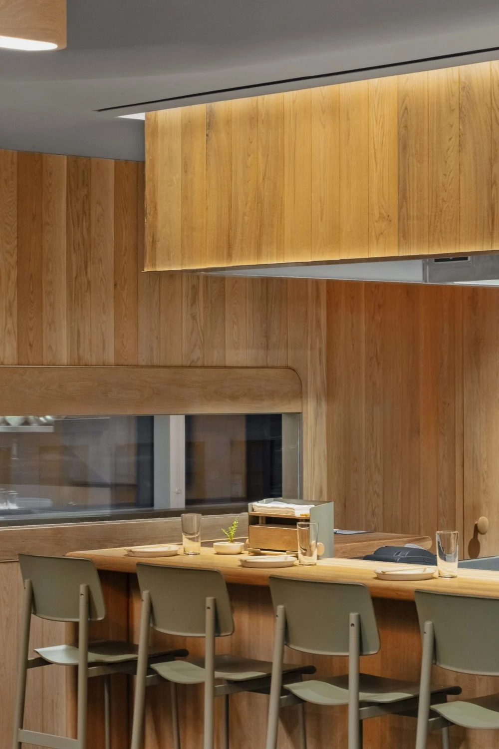 BAR, green stools, light wood, glass