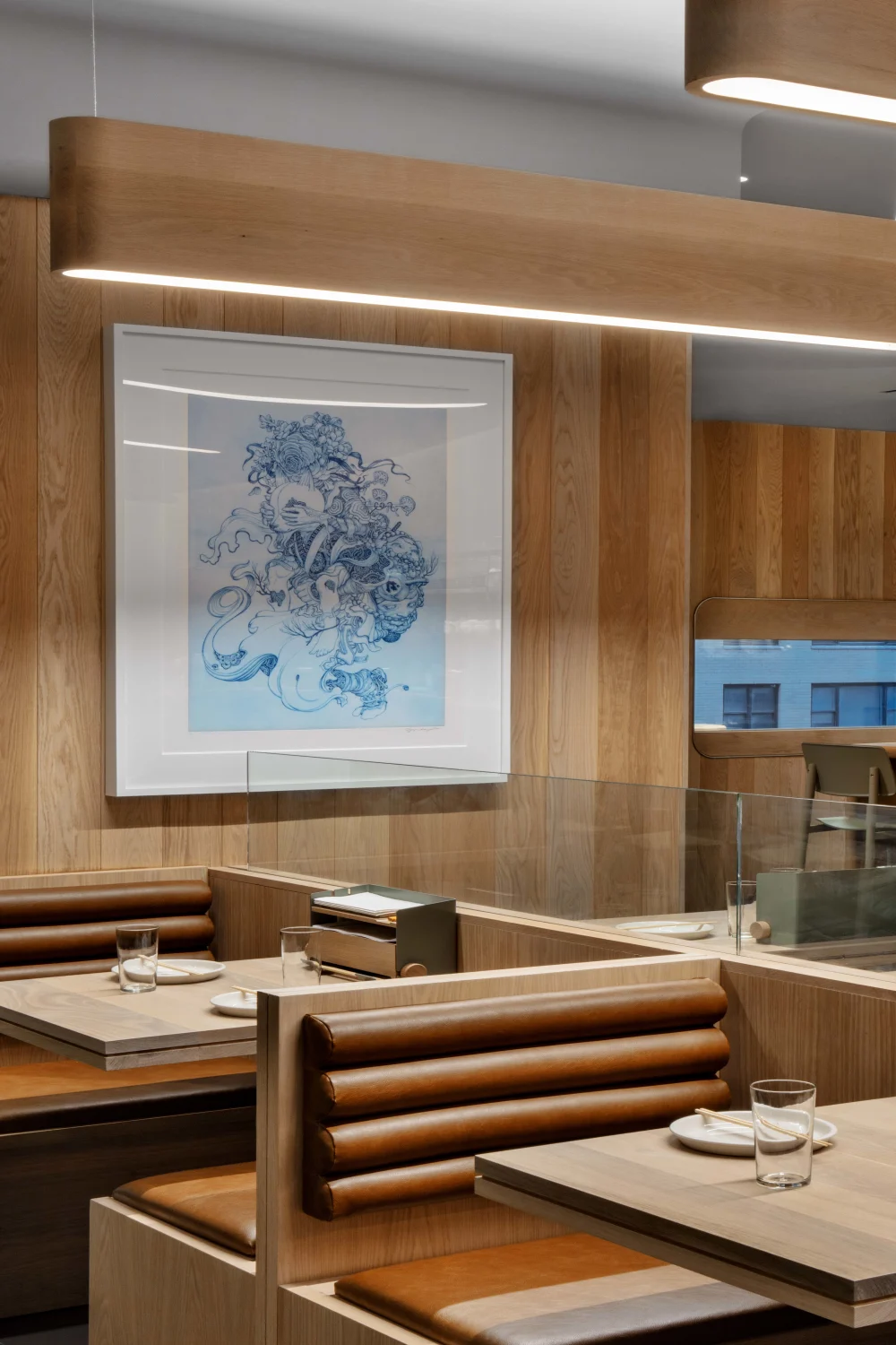 tables, art, leather boothes