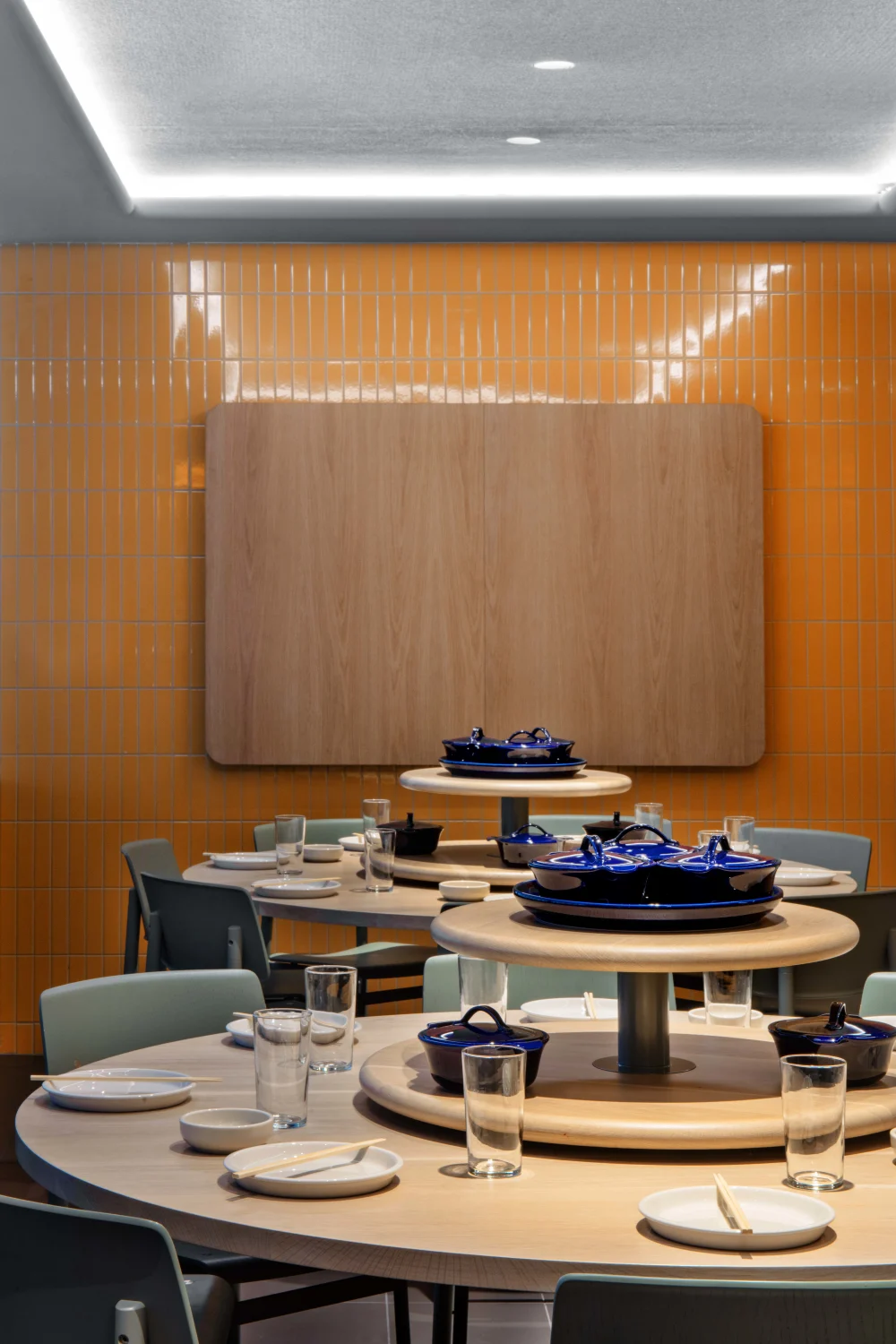 private dining, wood, yellow tiles, tables