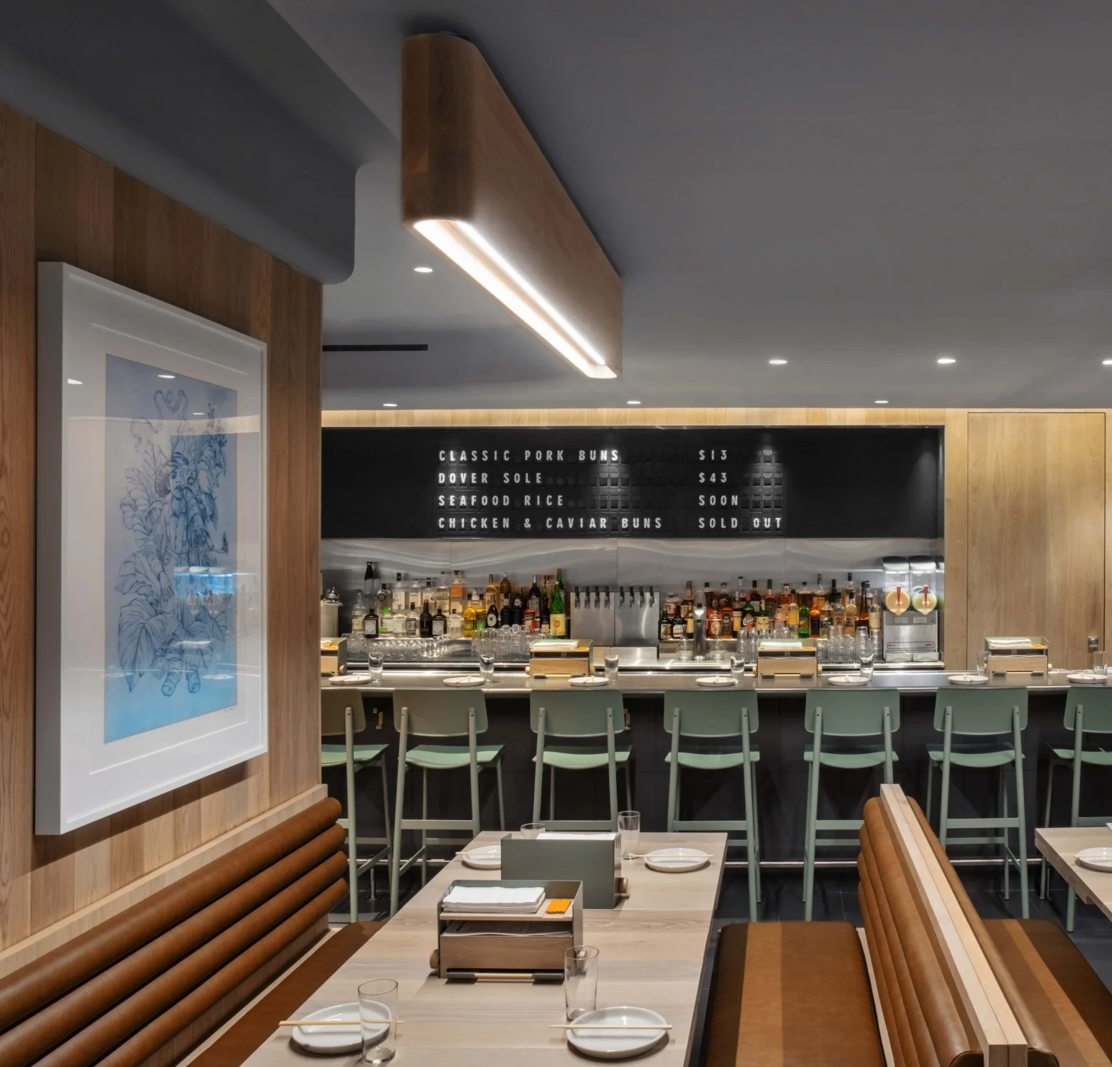 BAR, leather boothes, art
