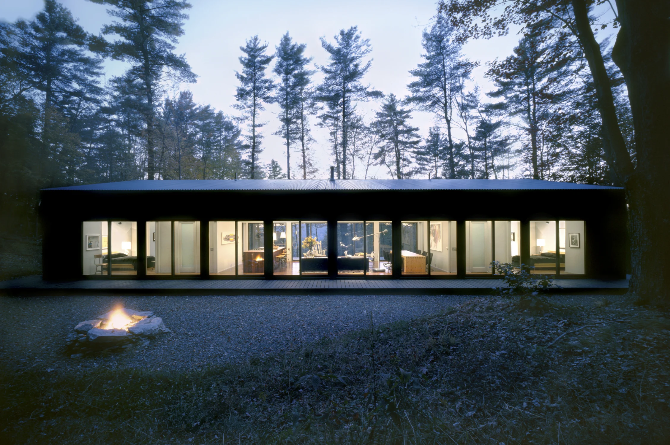 house, exterior, dusk, glass, firepit