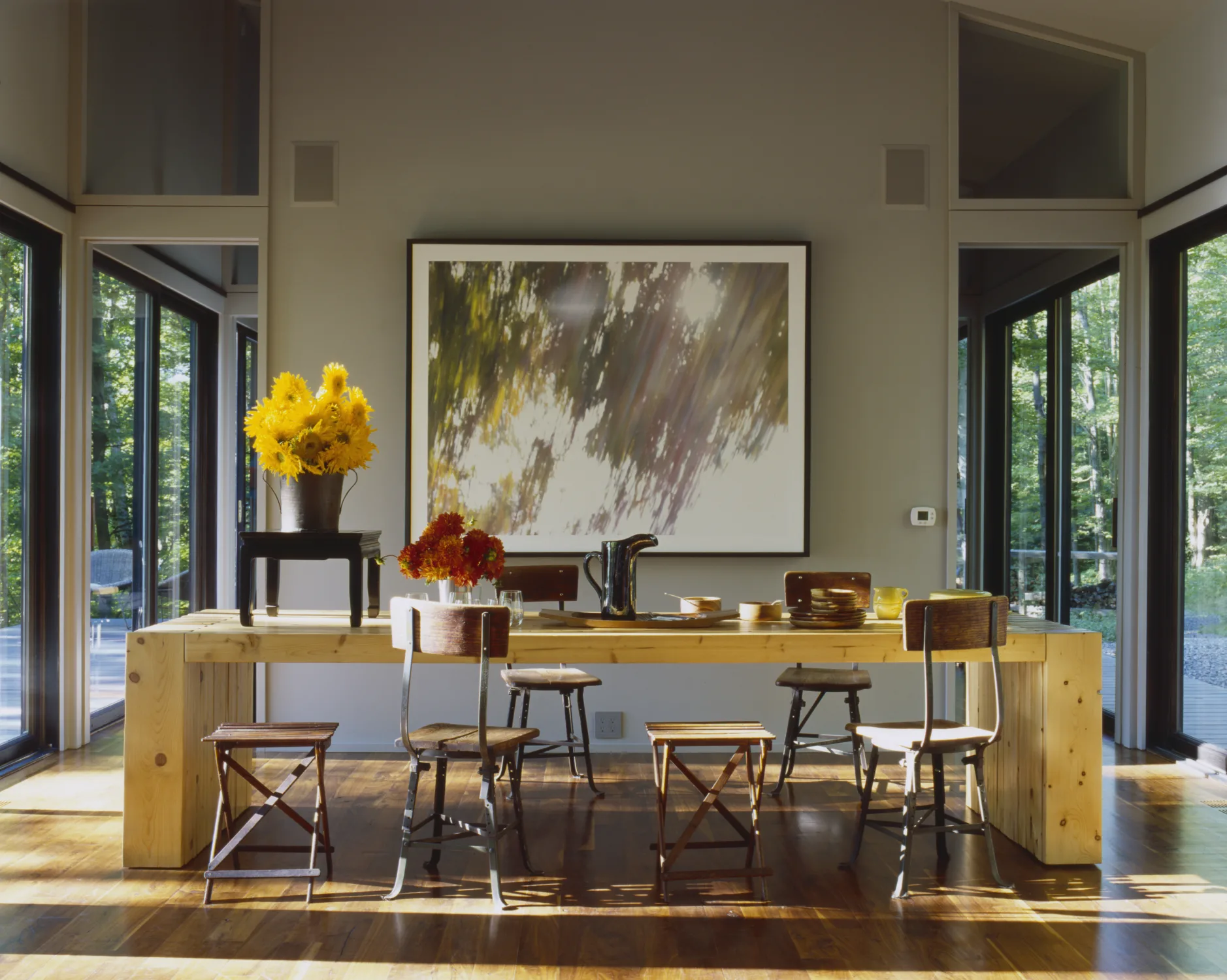 Dining table, art, chairs, glass