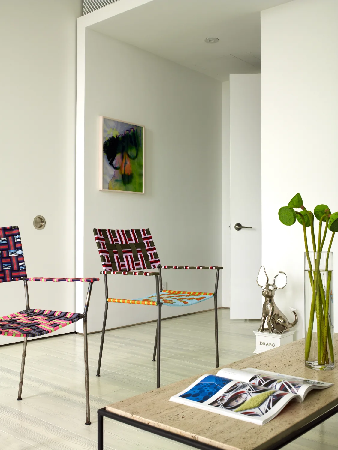 DEN, chairs, coffee table, painting, plant, art, vase, white