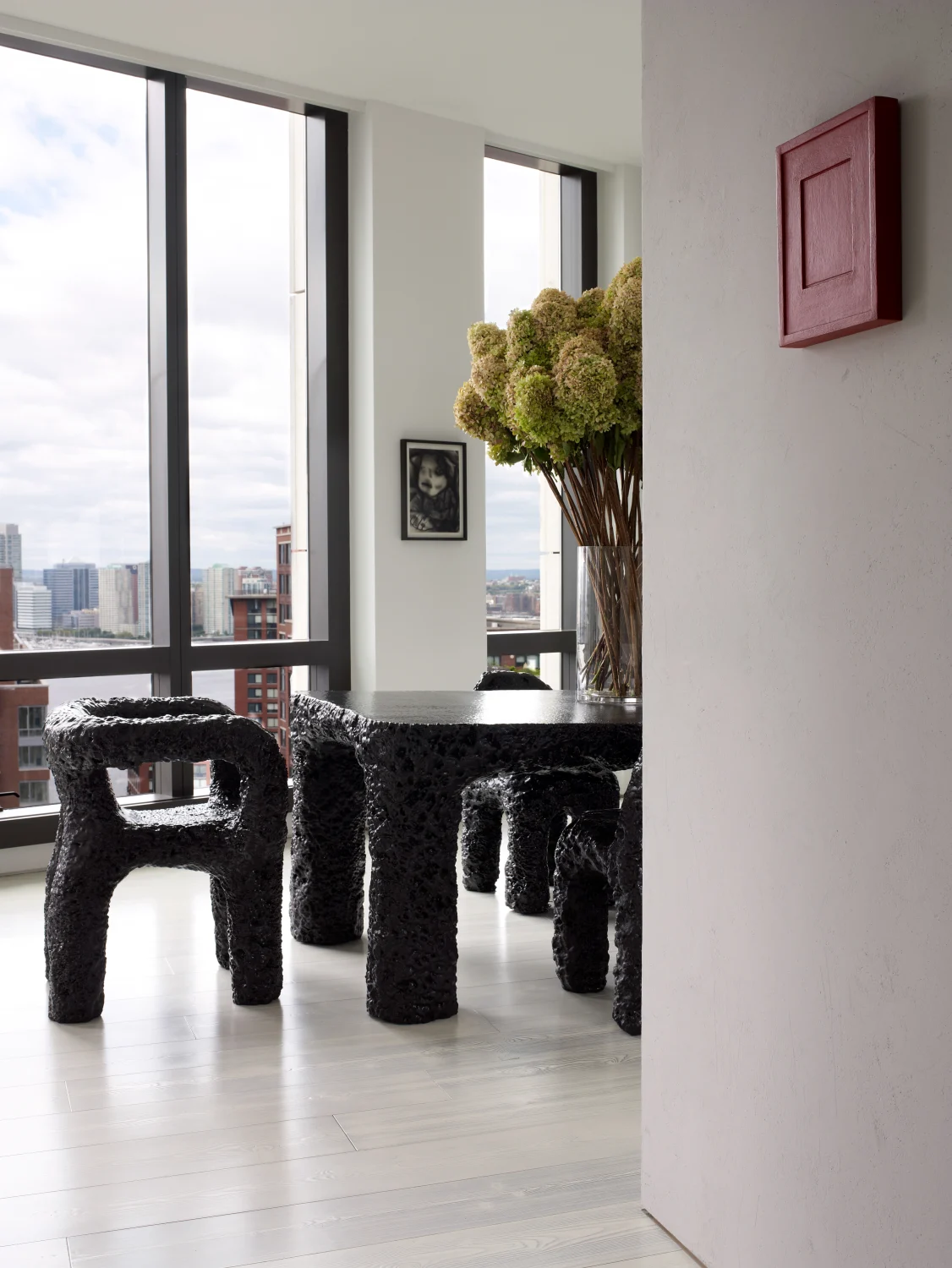 DINING AREA, chairs, table, skyline, flowers, red frame, black, texture, photograph