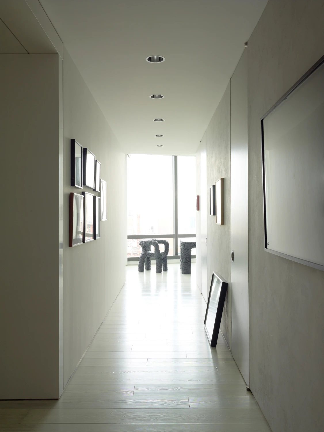 Corridor, art, dining area, wood flooring, chair, minimal