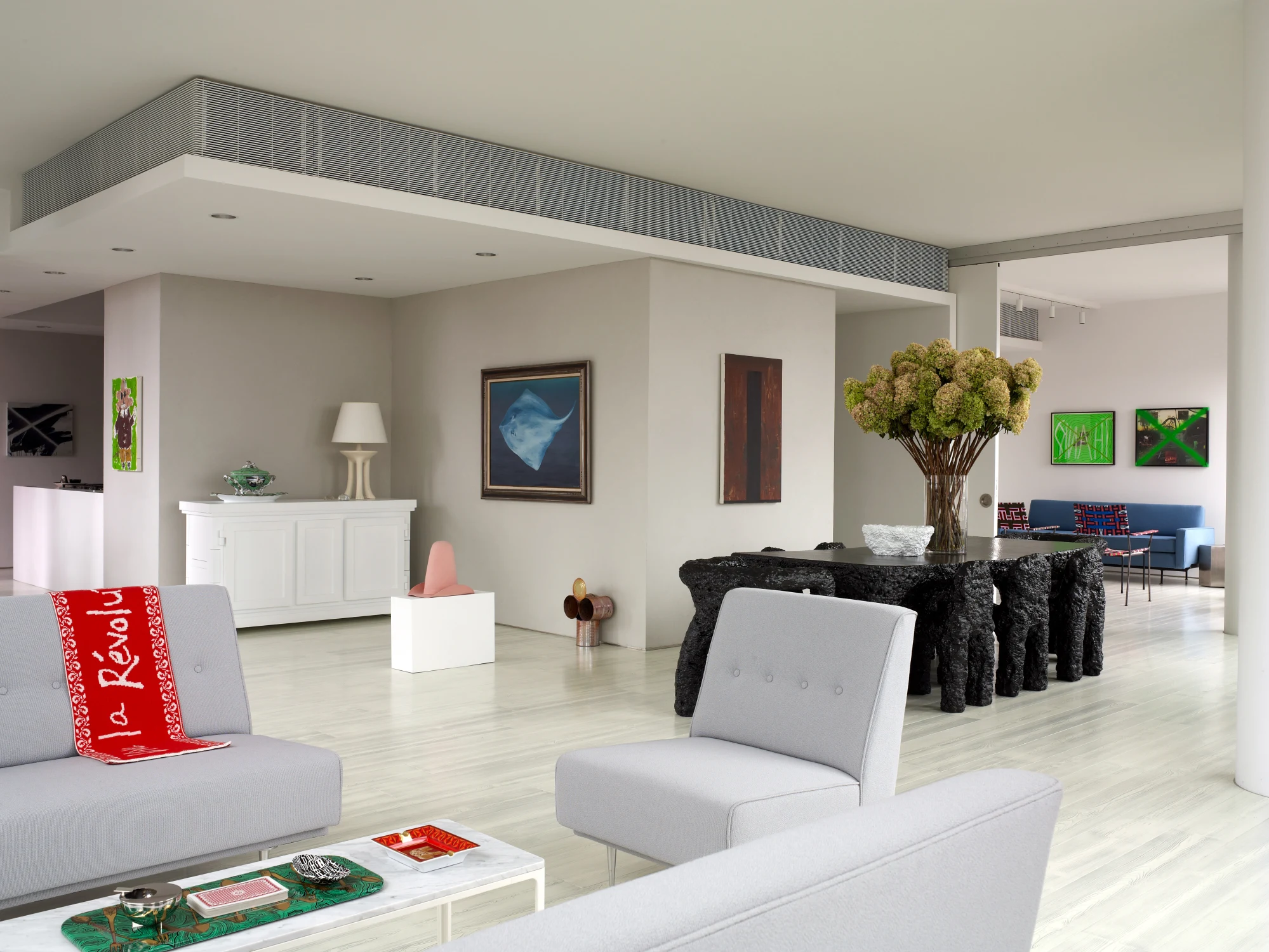 KITCHEN, living room, dining area, gray, white, art, plants, sofa seating