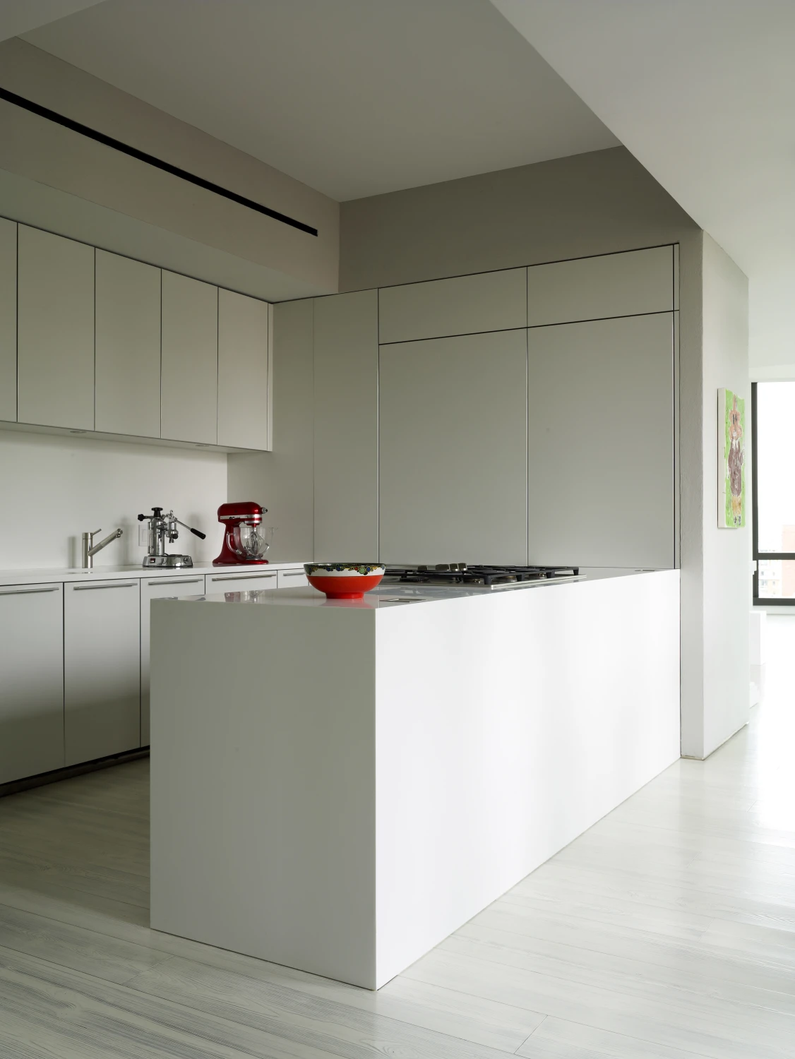 Kitchen, white, minimal, cabinet, island, art,