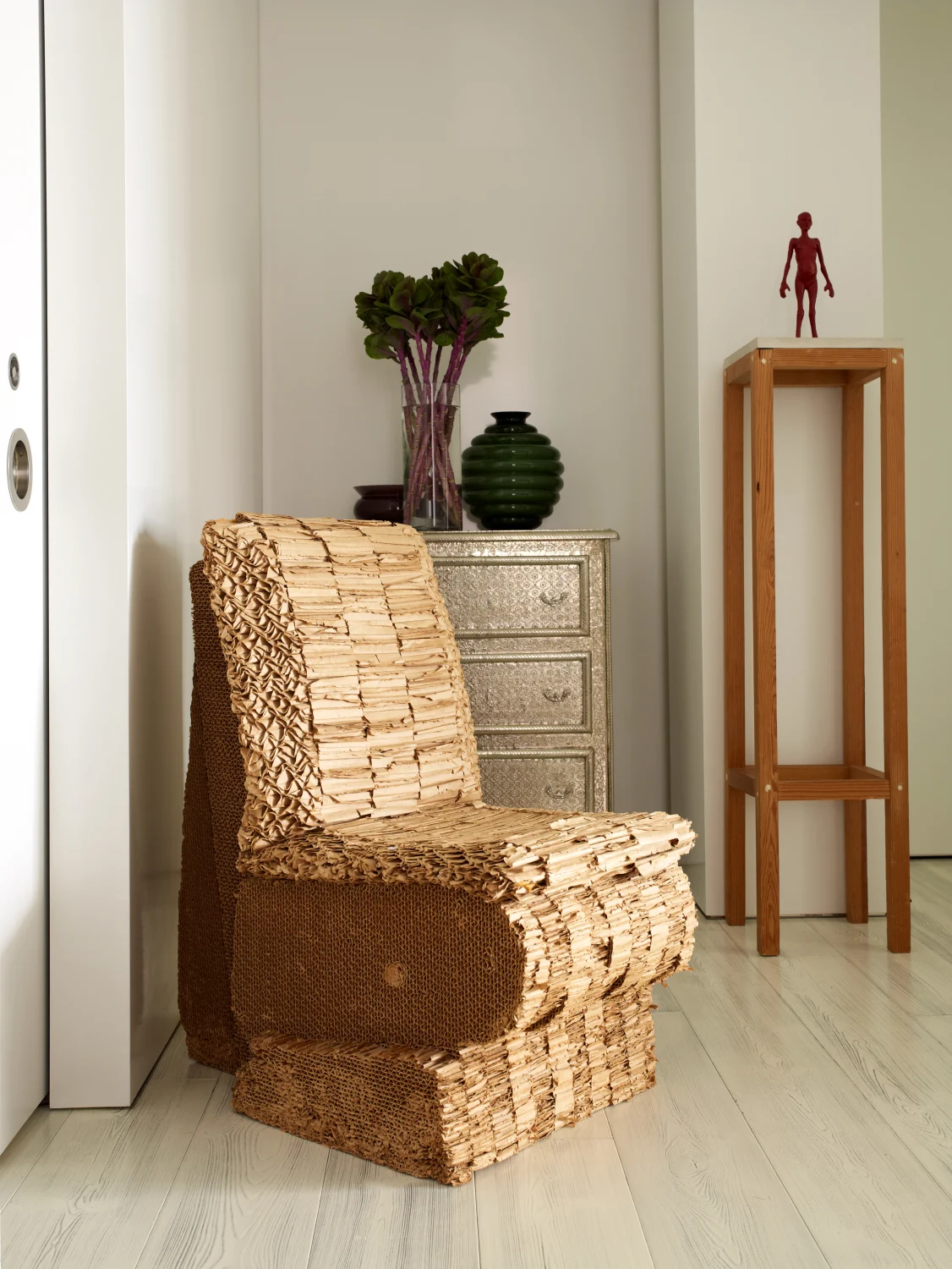 ART CHAIR, wood, cabinet, side table, cardboard, plant, vase, white