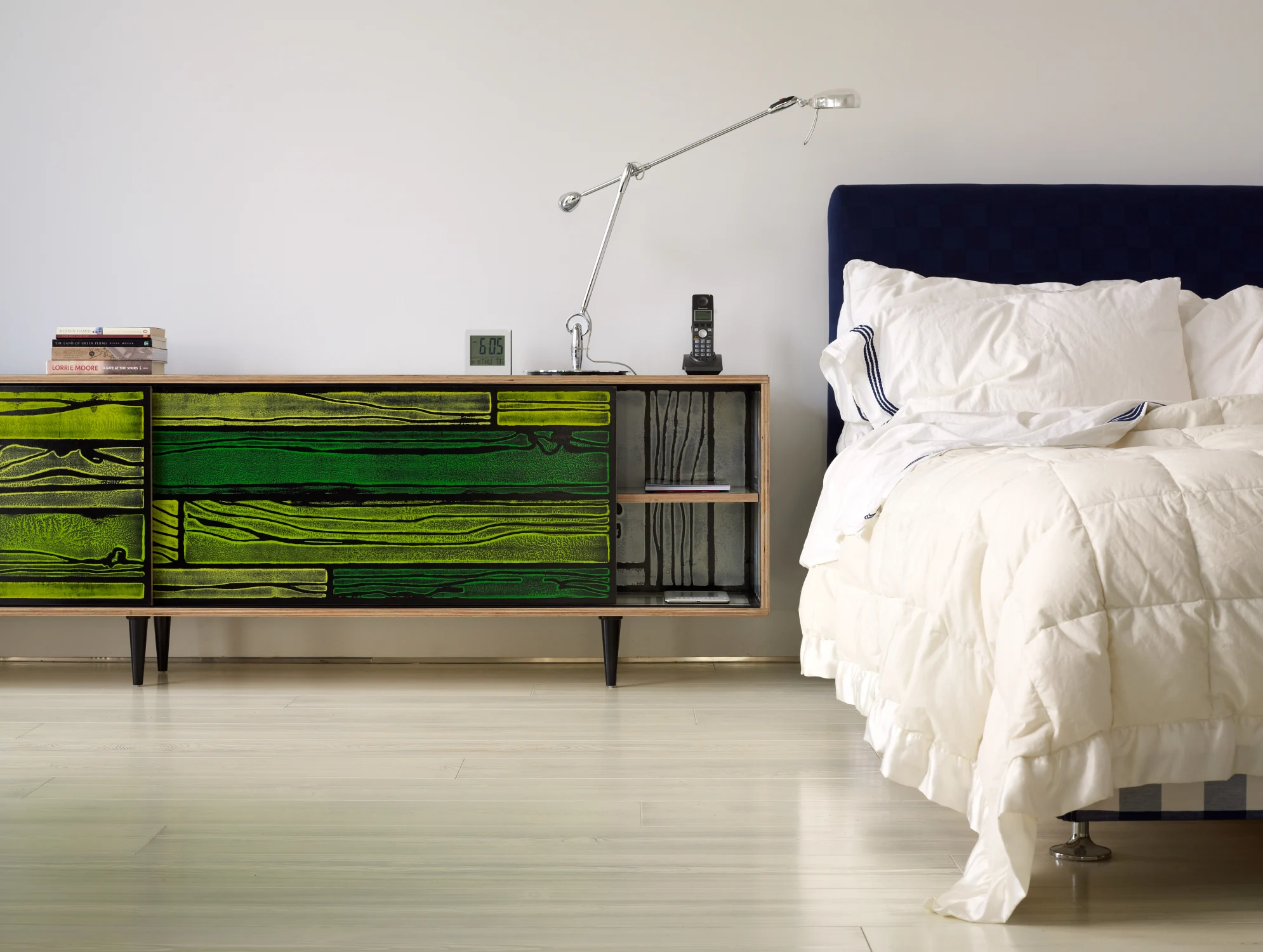 BEDROOM, credenza, green, lamp, bed sheets, pillows. lamp, white