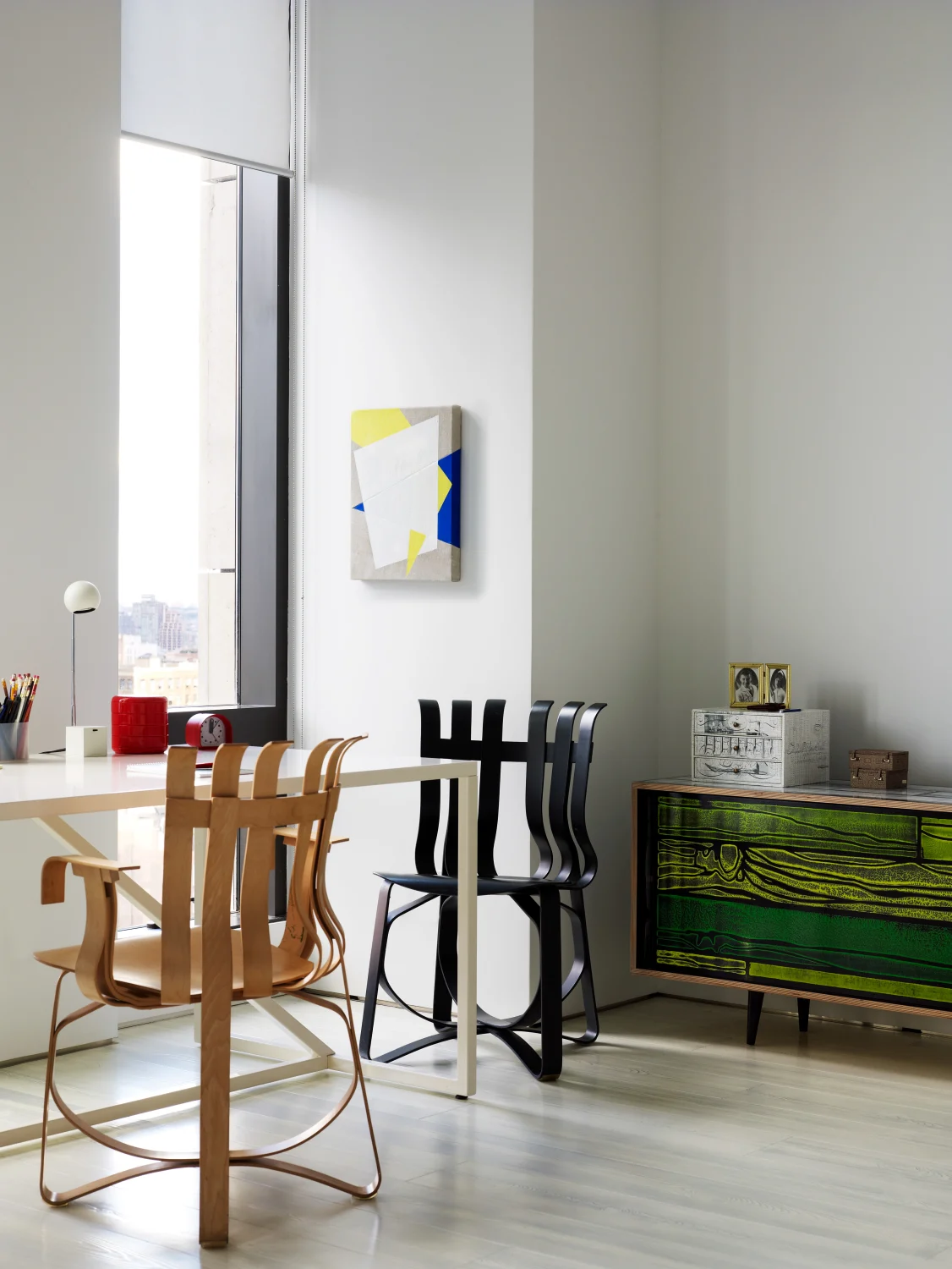 DESK, chairs, credenza, green, wood, window, art, natural light