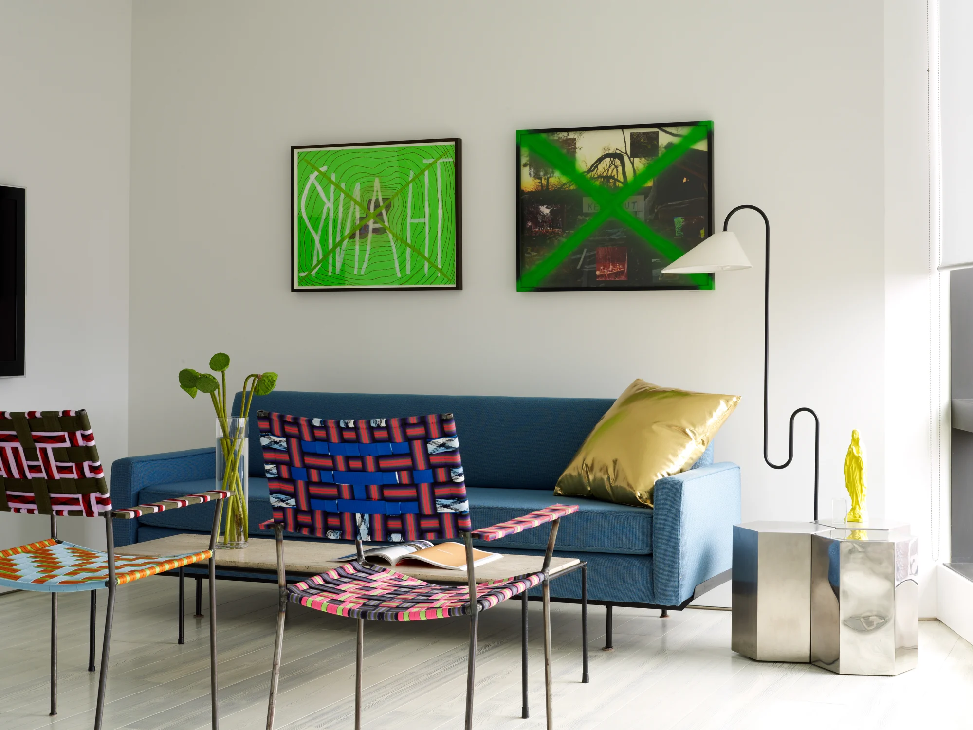 DEN, blue sofa, art, chairs, side table, silver, lamp, colors, plant, vase, cushion,
