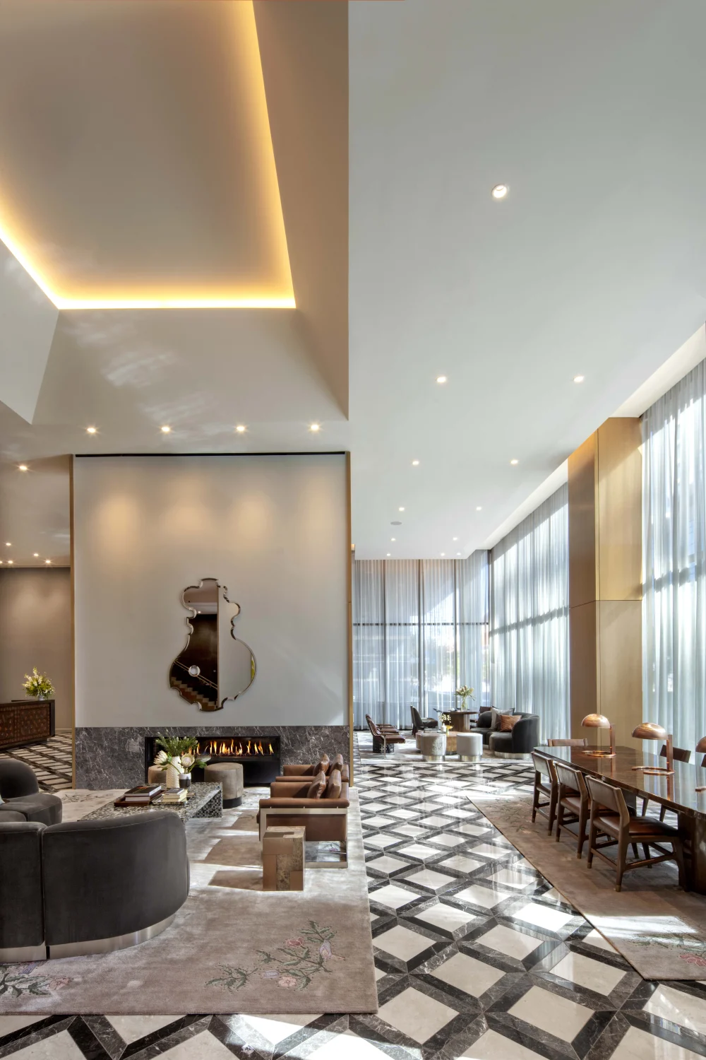 Lobby, seating areas, tile, fireplace, mirror