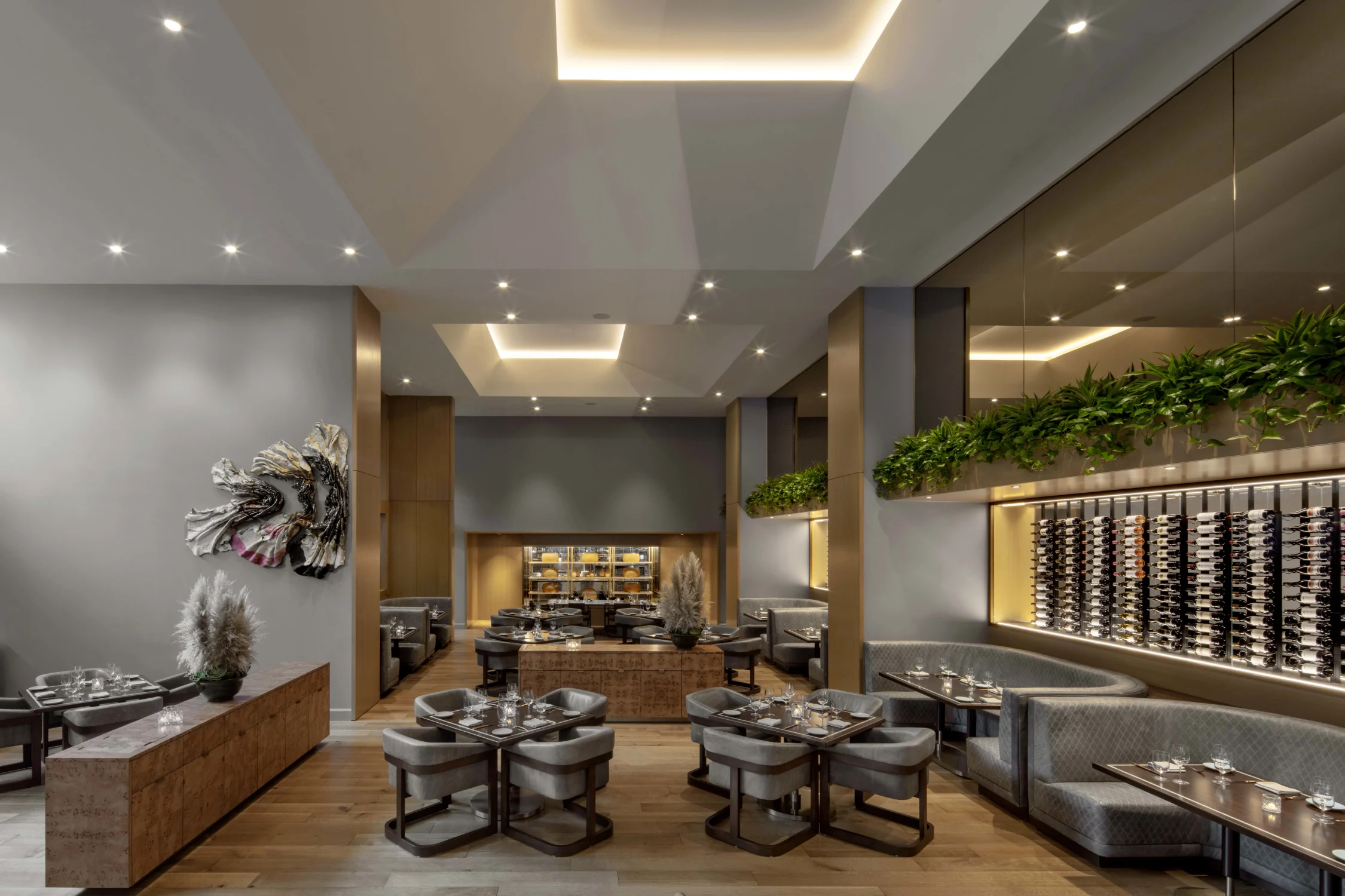 restaurant, wine bottles, tables, plants