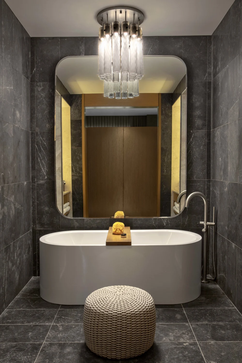 bathroom, bathtub, mirror, chandelier