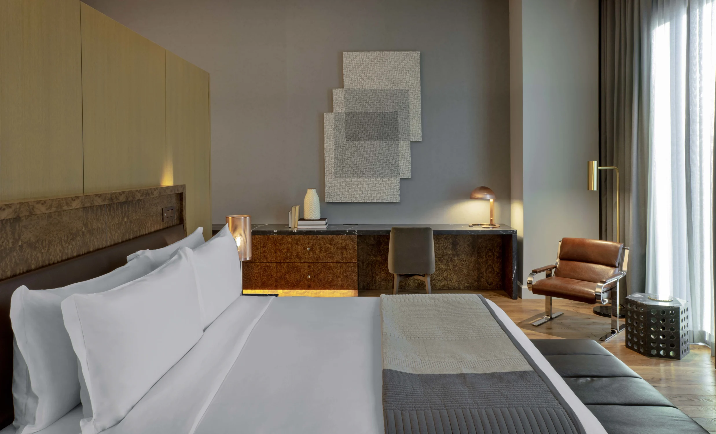 bedroom, bed, headboard, desk
