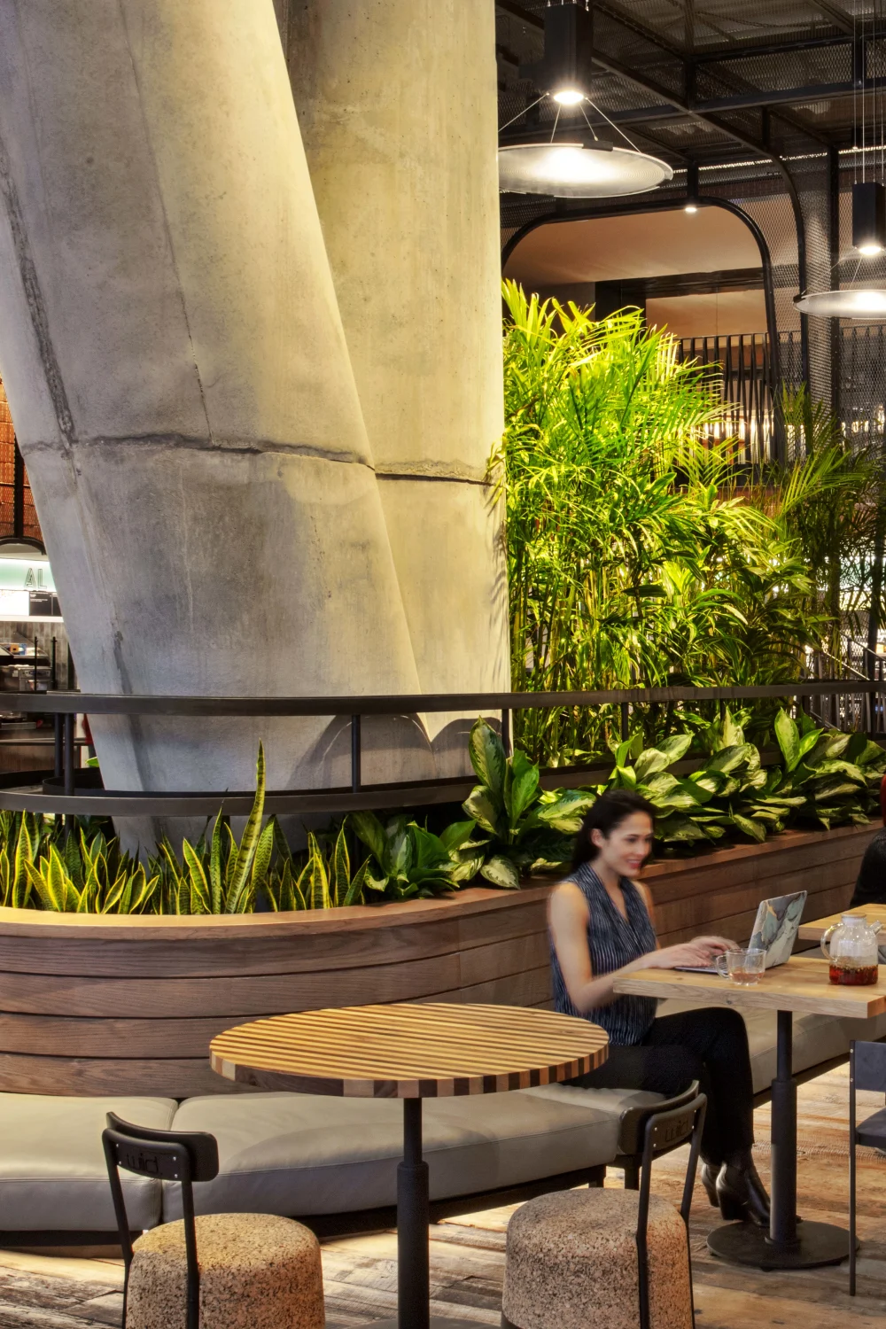 bench, tables, wood, plants