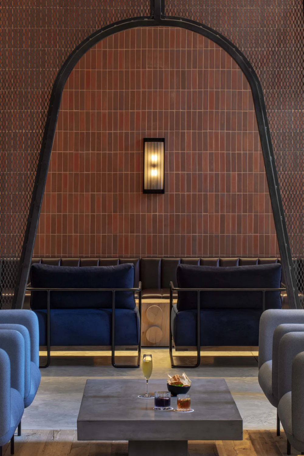 seating, tiles, metal, arch, sconce