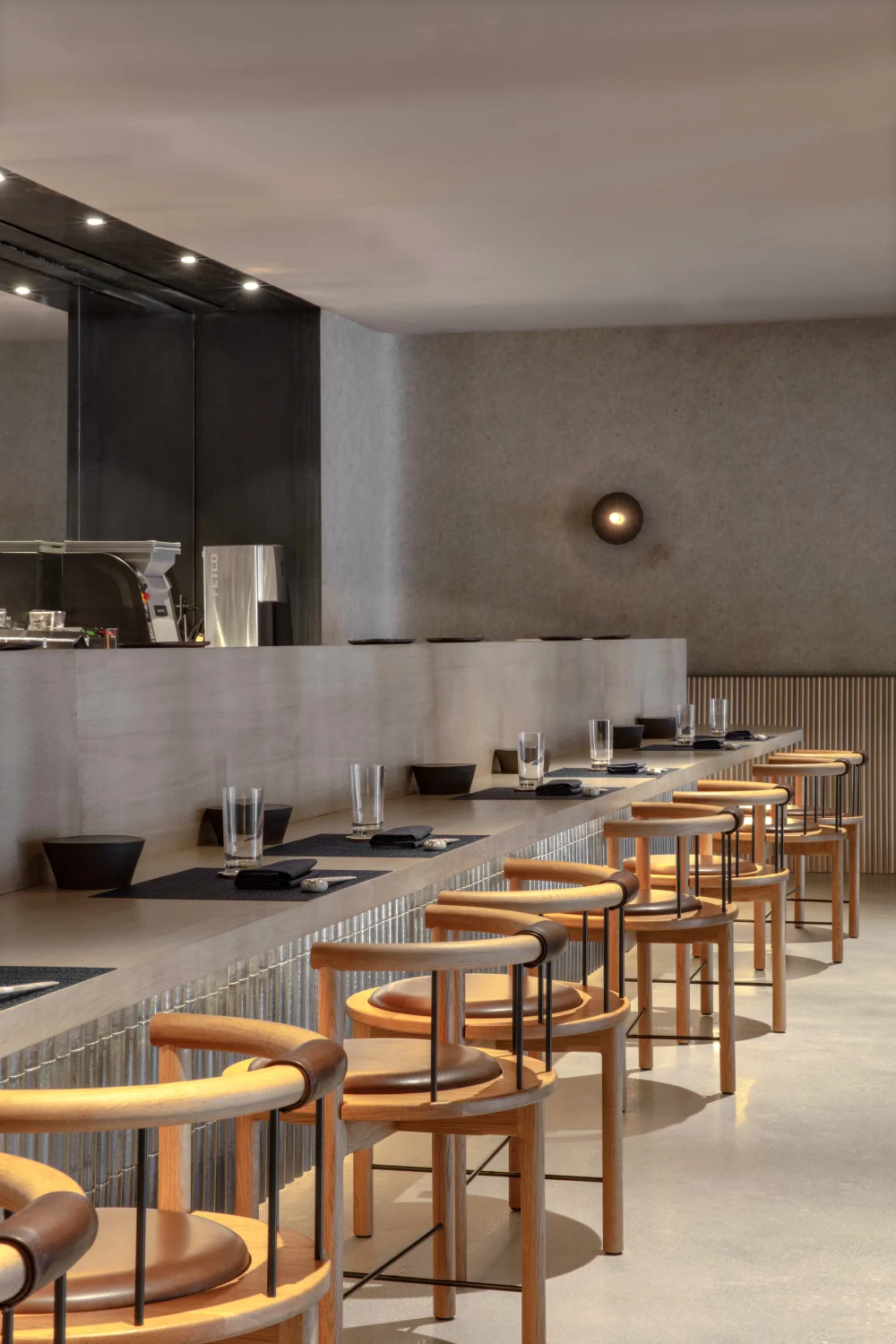 wooden chairs, leather, counter