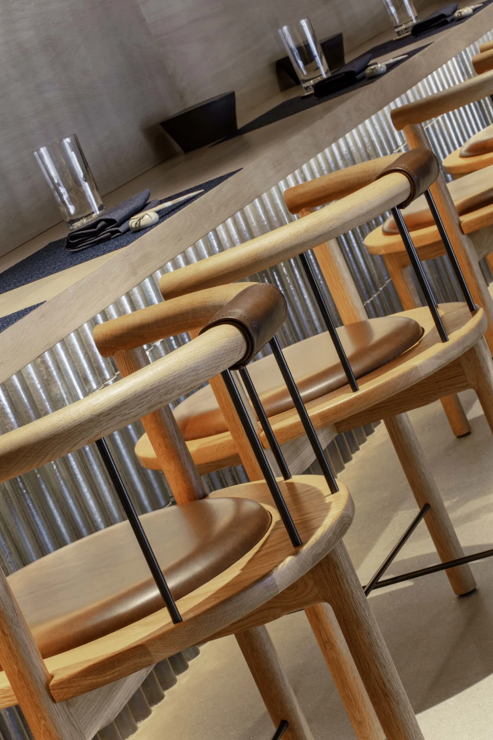 wooden chairs, counter, metal
