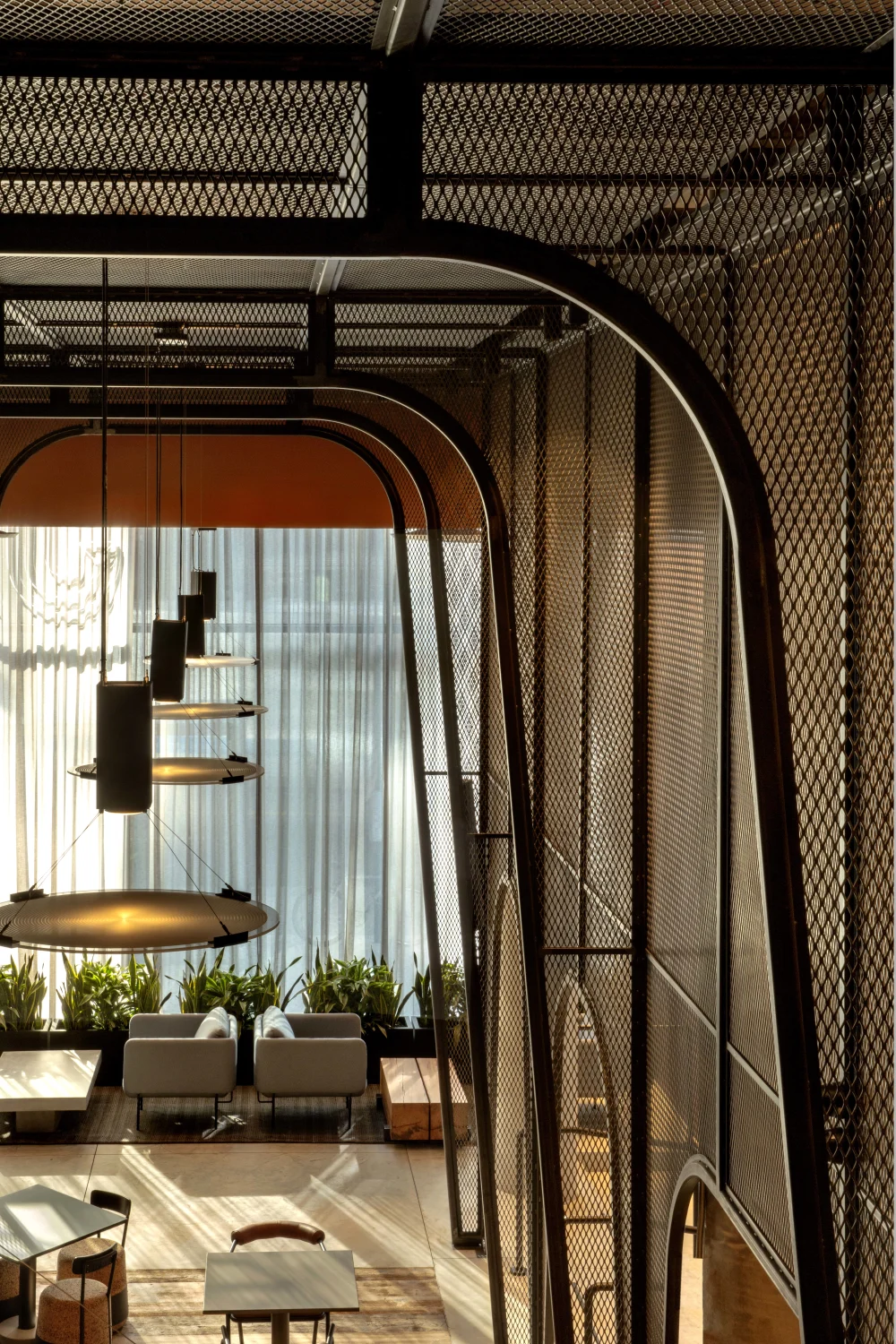overlook, metal, mesh, hanging lights