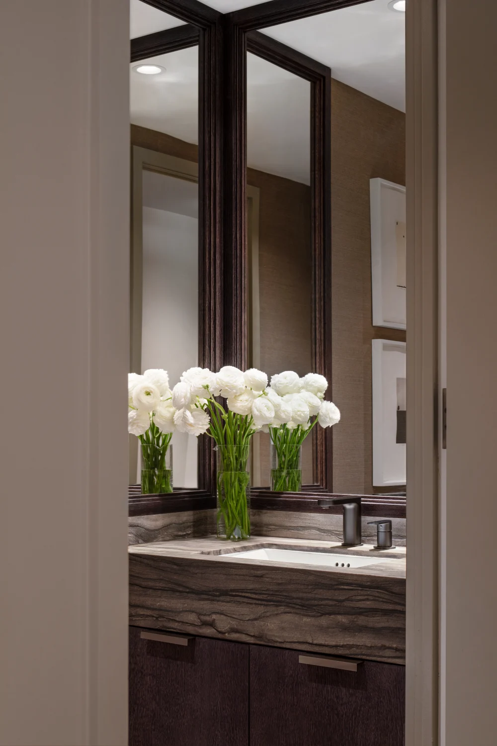 bathroom, sink, marble, mirror, flowers