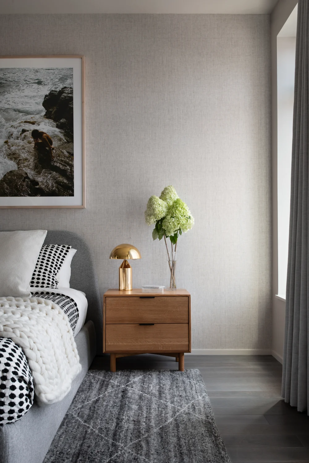 bedroom, bed, side table, wood, carpet, photograph, lamp, plant, drapery, art