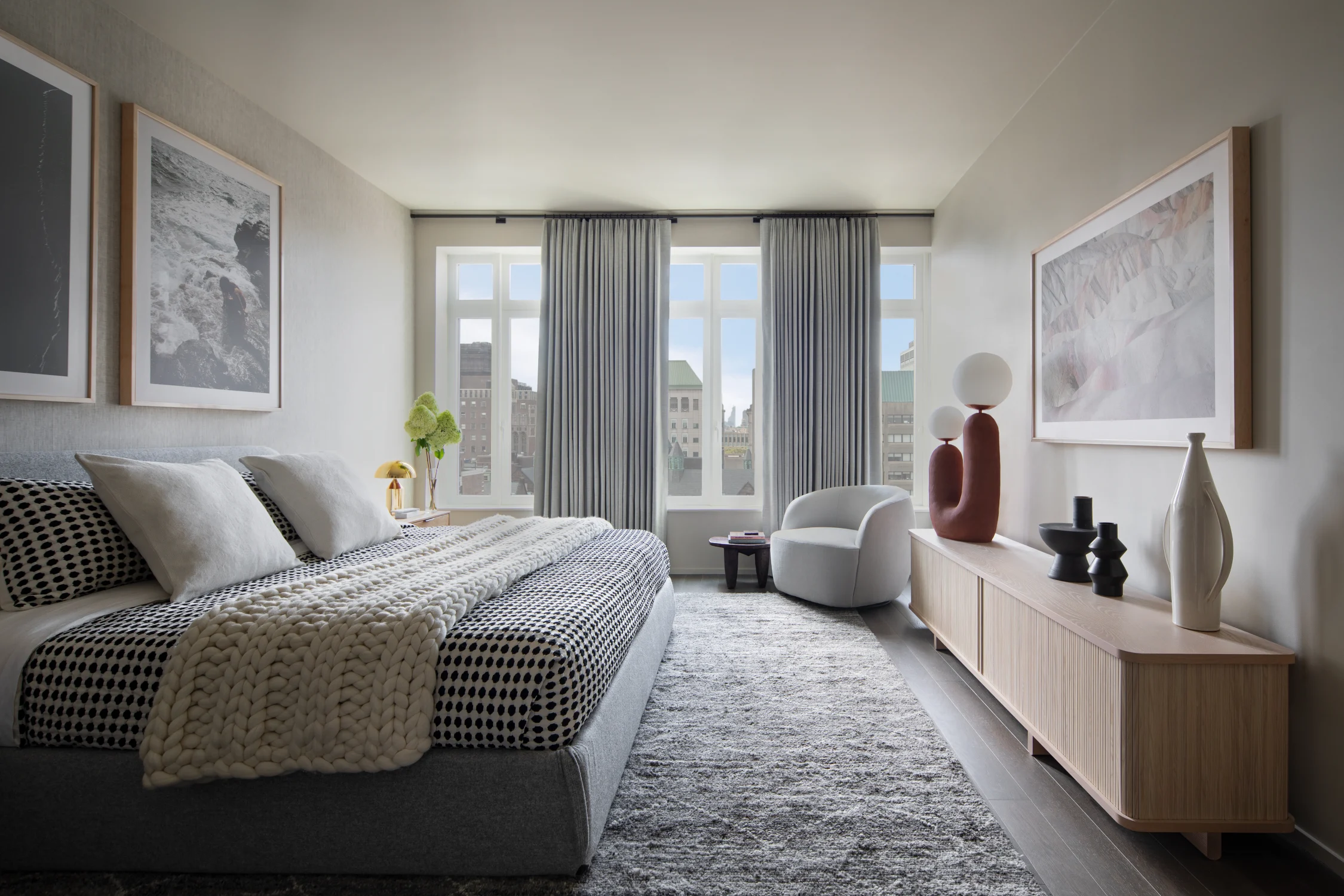 bedroom, carpet, windows, credenza, chair, lamp, chair, drapery, art, windows, views, wood