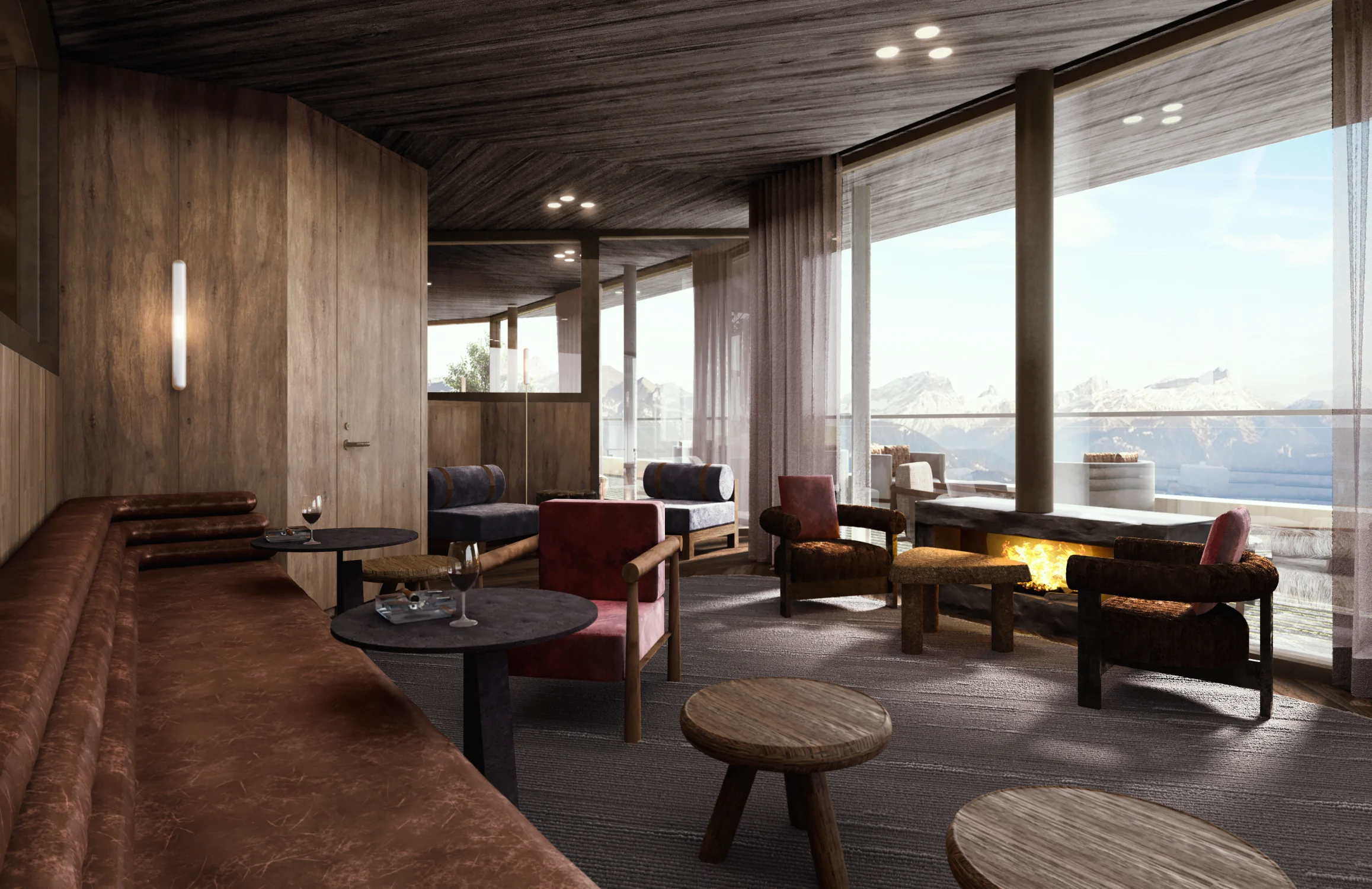 mountain view, fireplace, dark wood