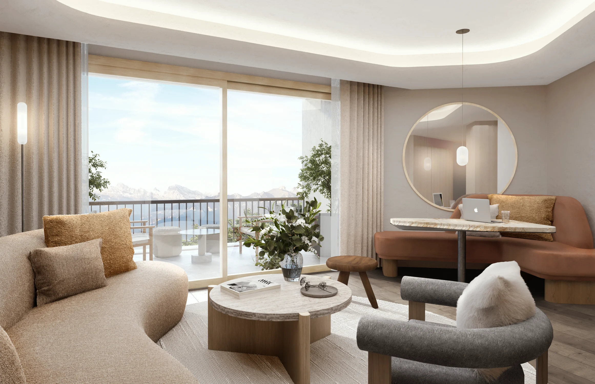 mountain view, porch, seating area, sofa