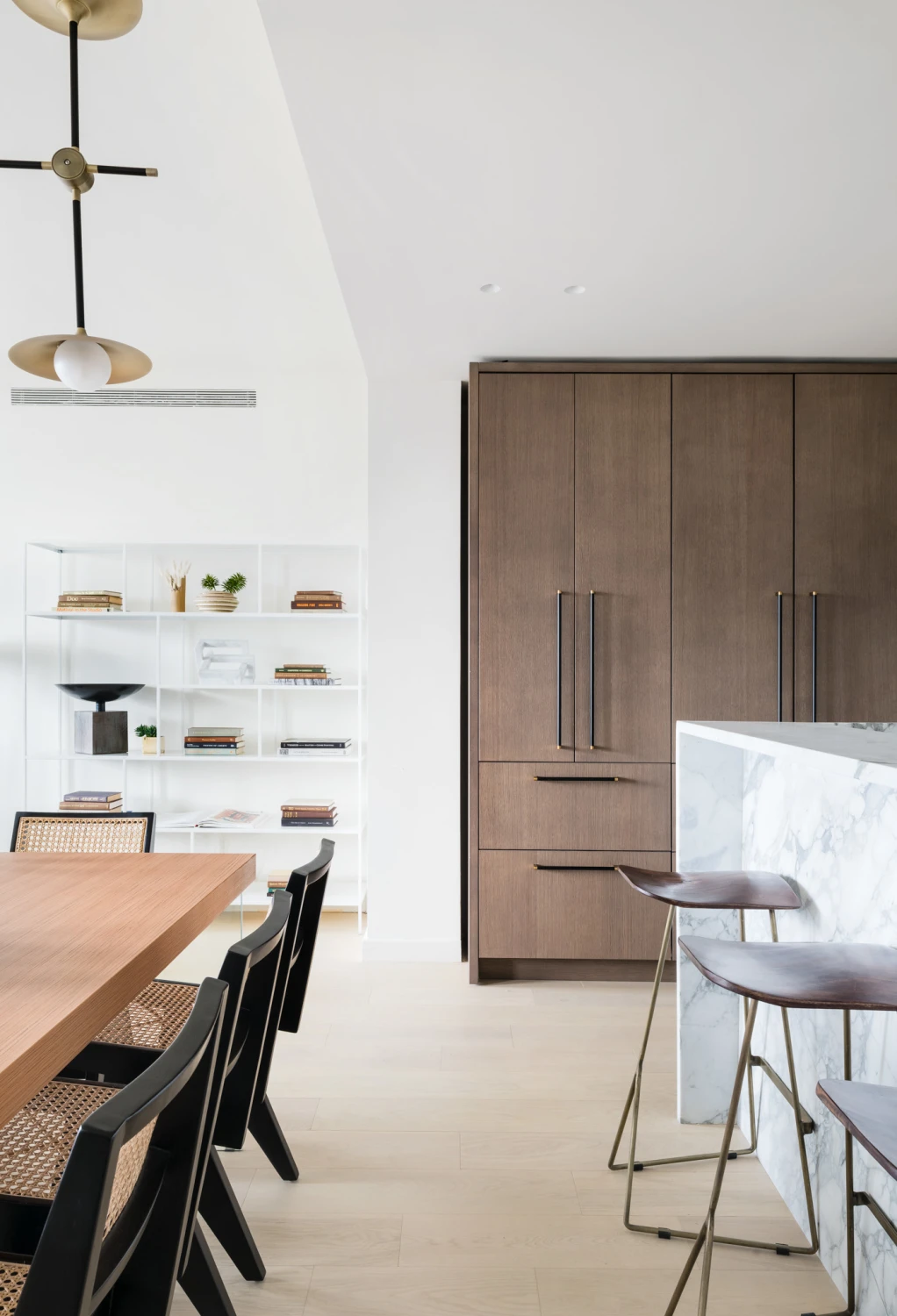island, cabinets, shelves, dining table