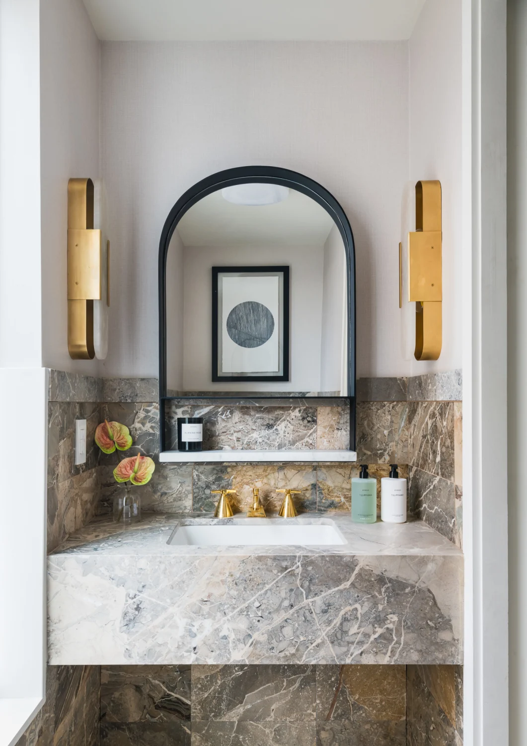 powder room, arched mirror, marble, sink, gold