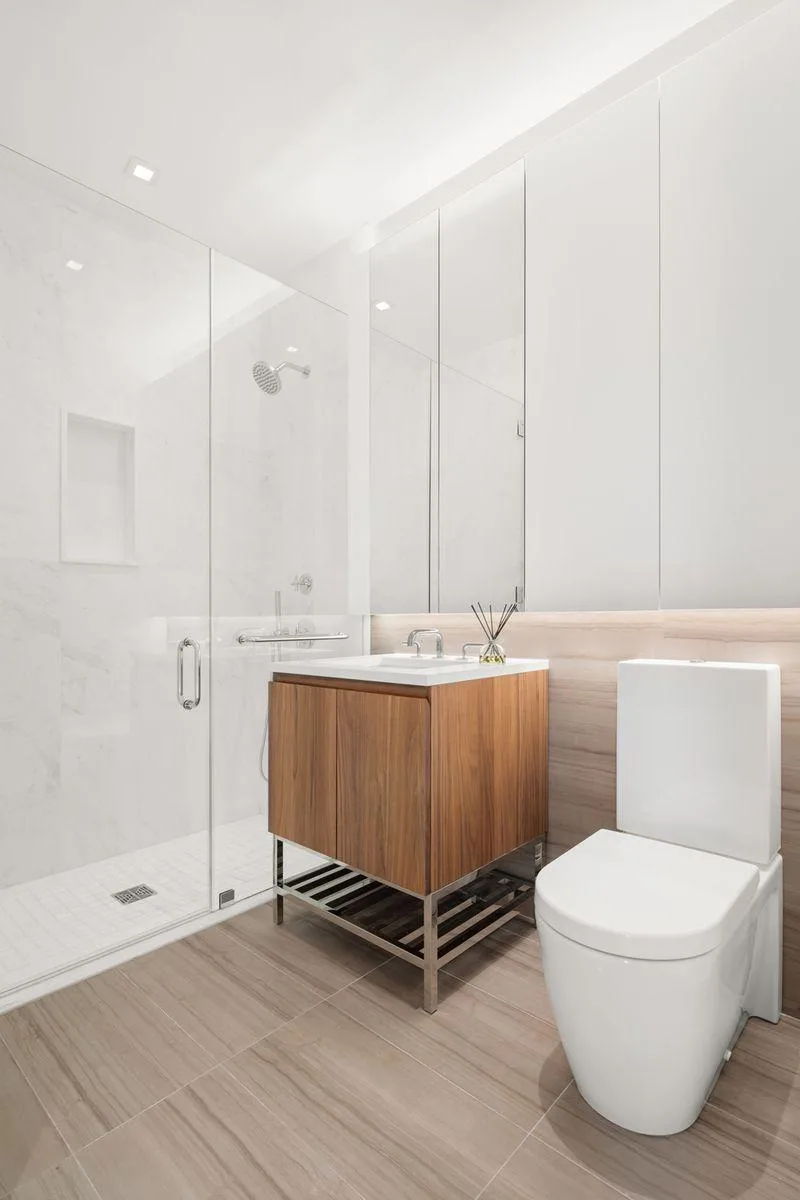 bathroom, vanity, walnut, shower, marble tile