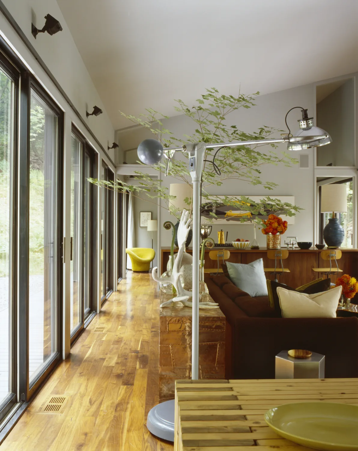 corridor, side table, dining table, wood floors