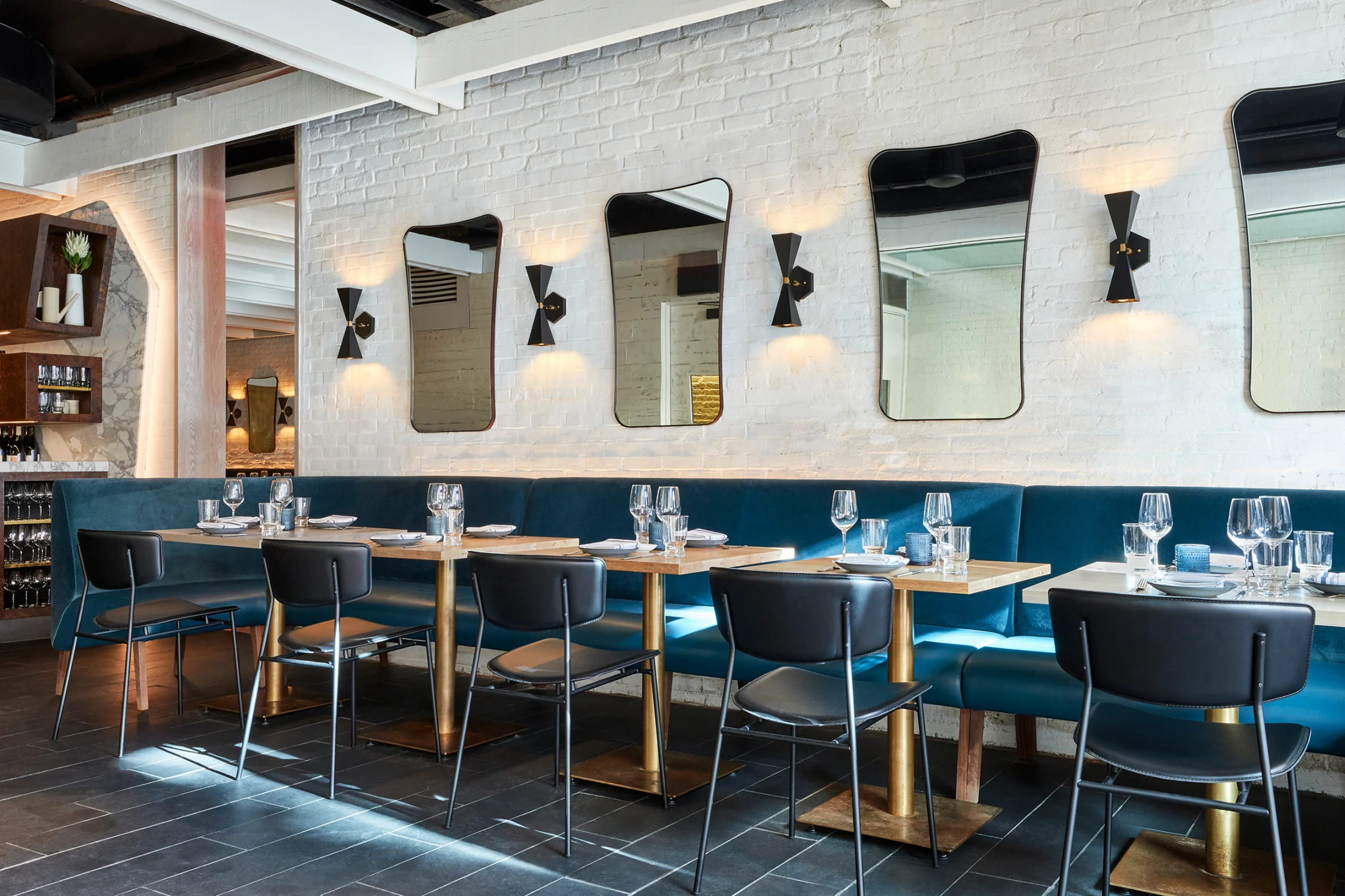 tables, banquette, mirrors, tile