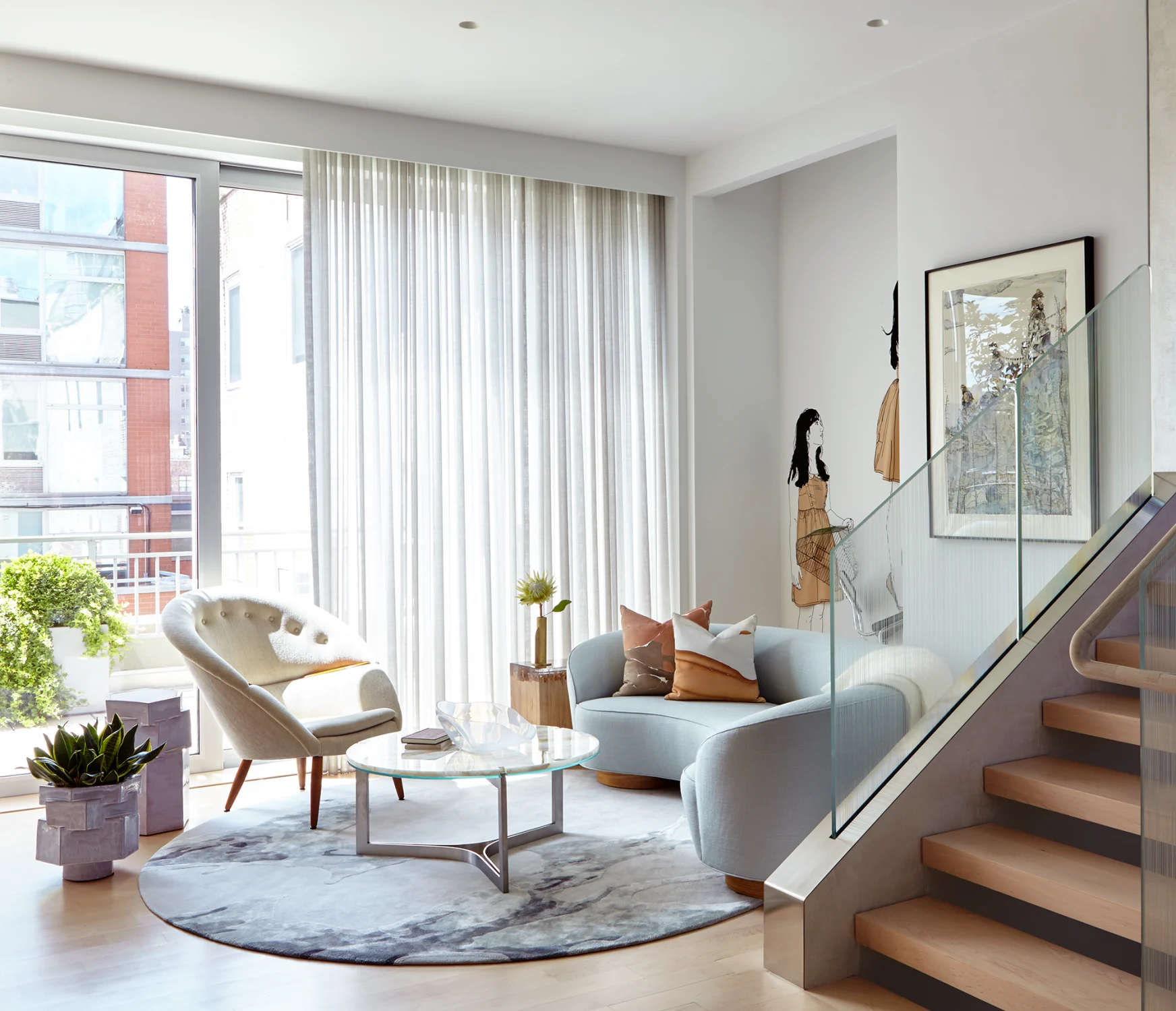 DEN, sofa, art, stairs