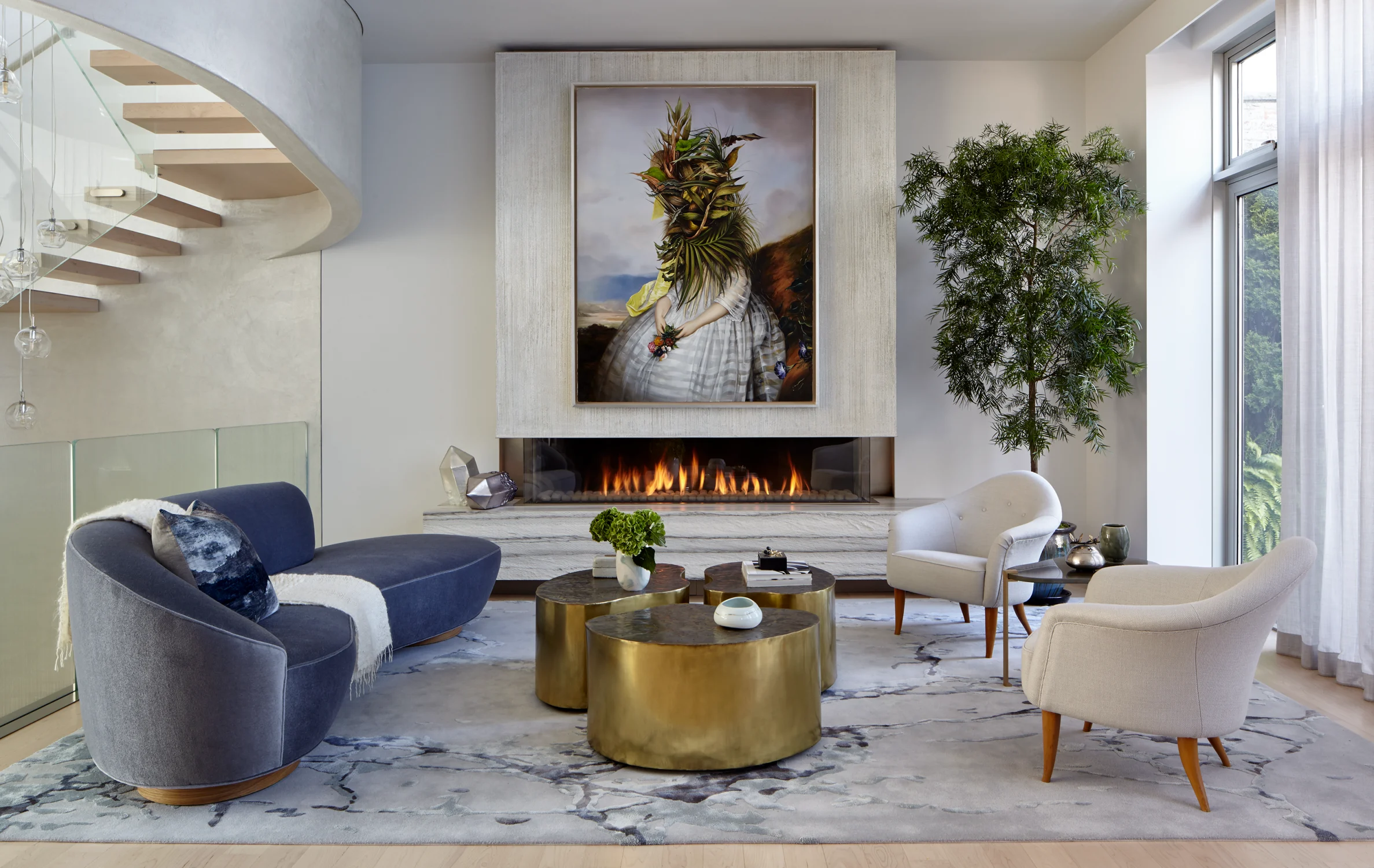 living room, stairs, art, fireplace, wallpaper, sofa, chairs, plants, windows, curtains