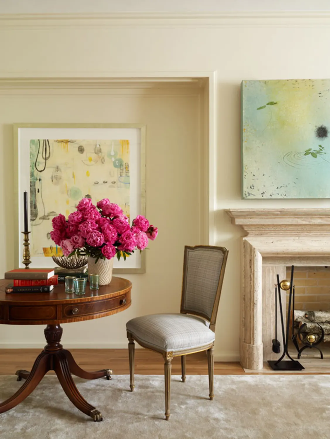 FIREPLACE, table, carpet, art