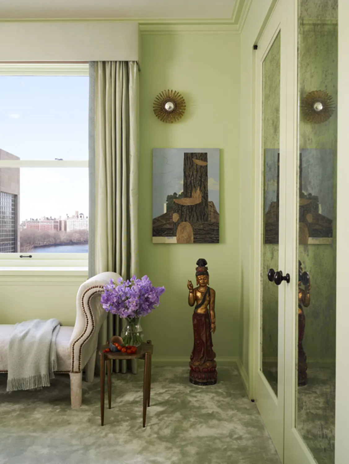 BEDROOM, bench, art, carpet