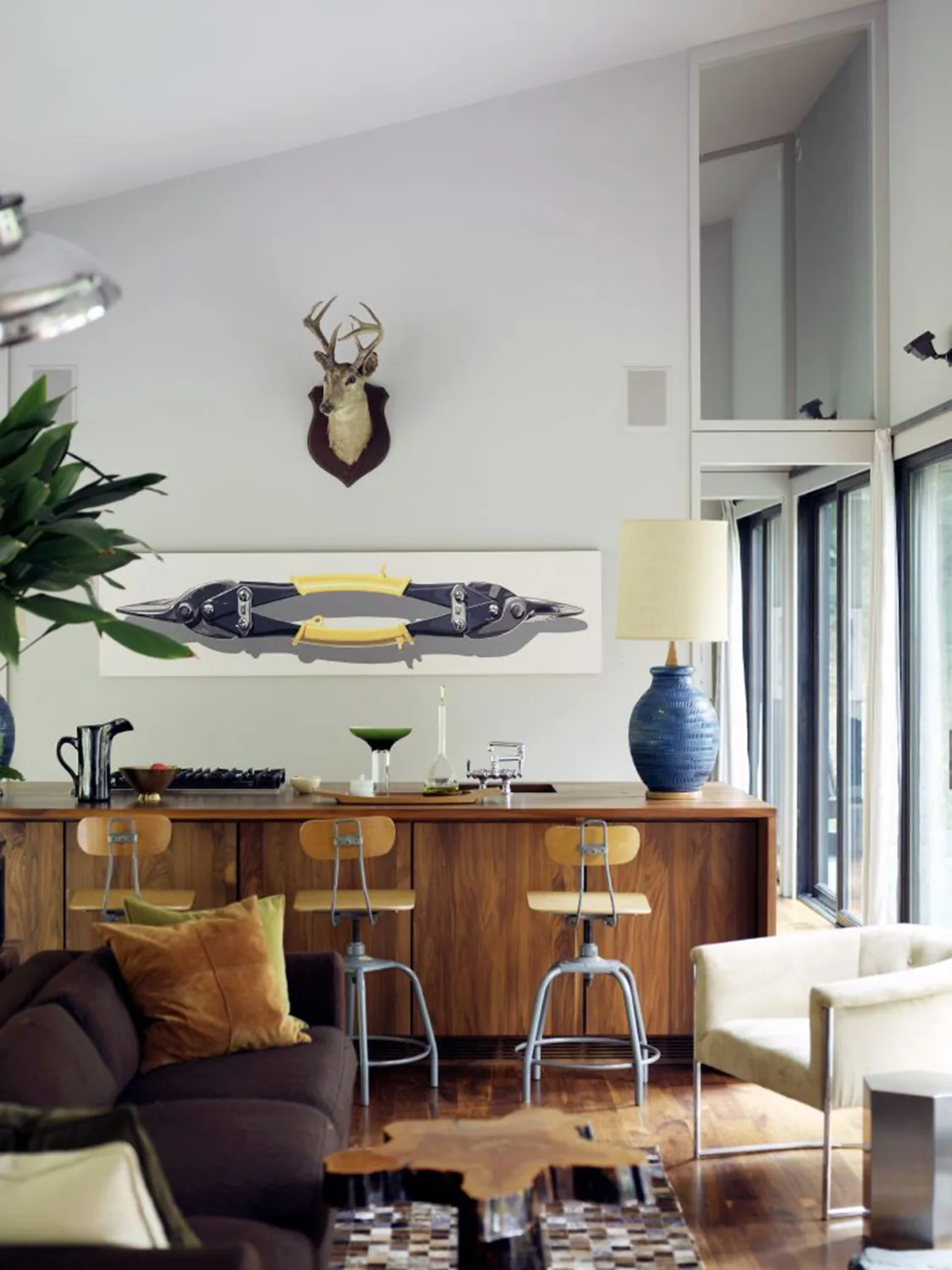 kitchen, wood island, stools, art, deer head