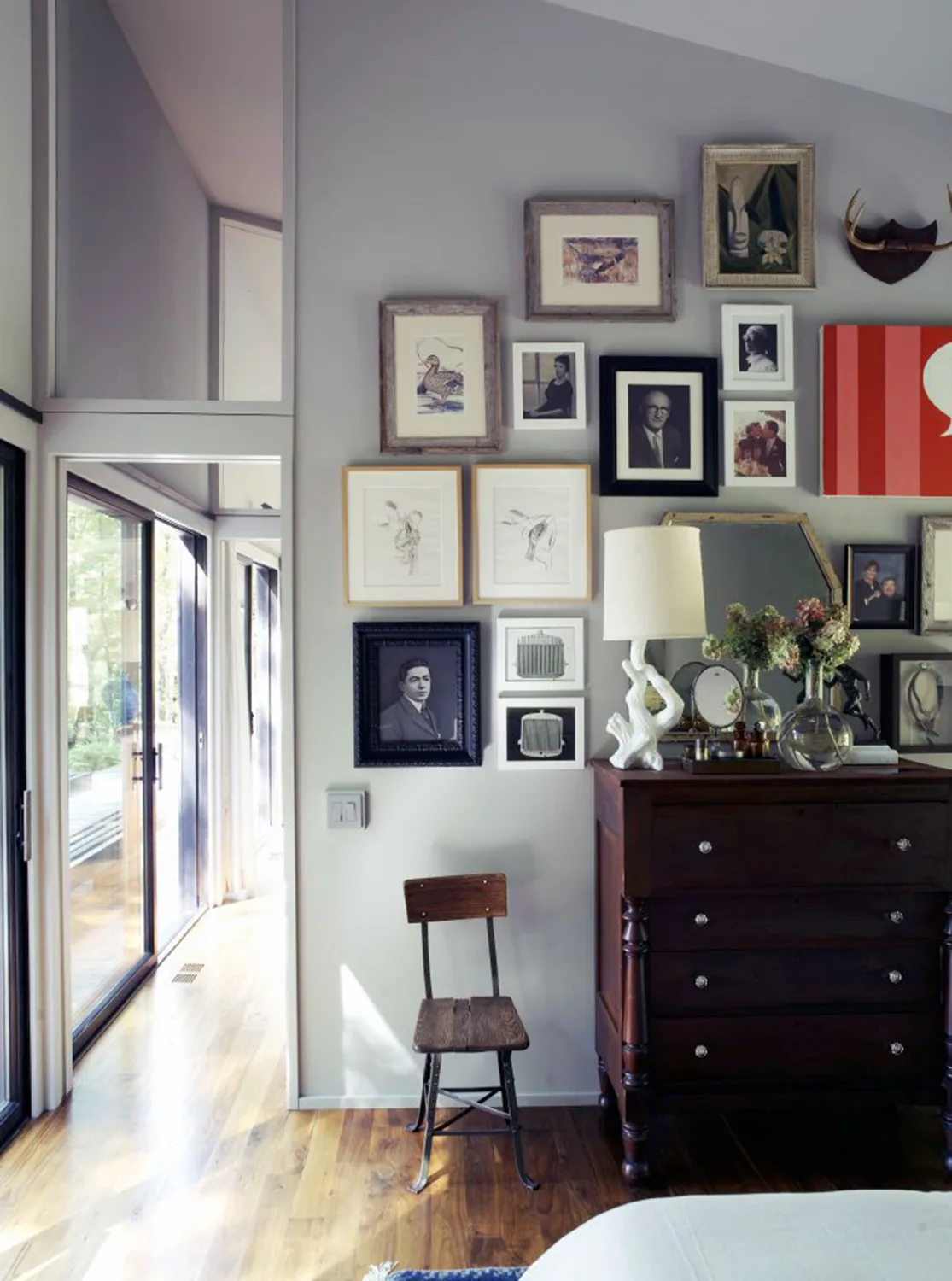 gallery wall, art, dresser, doorway