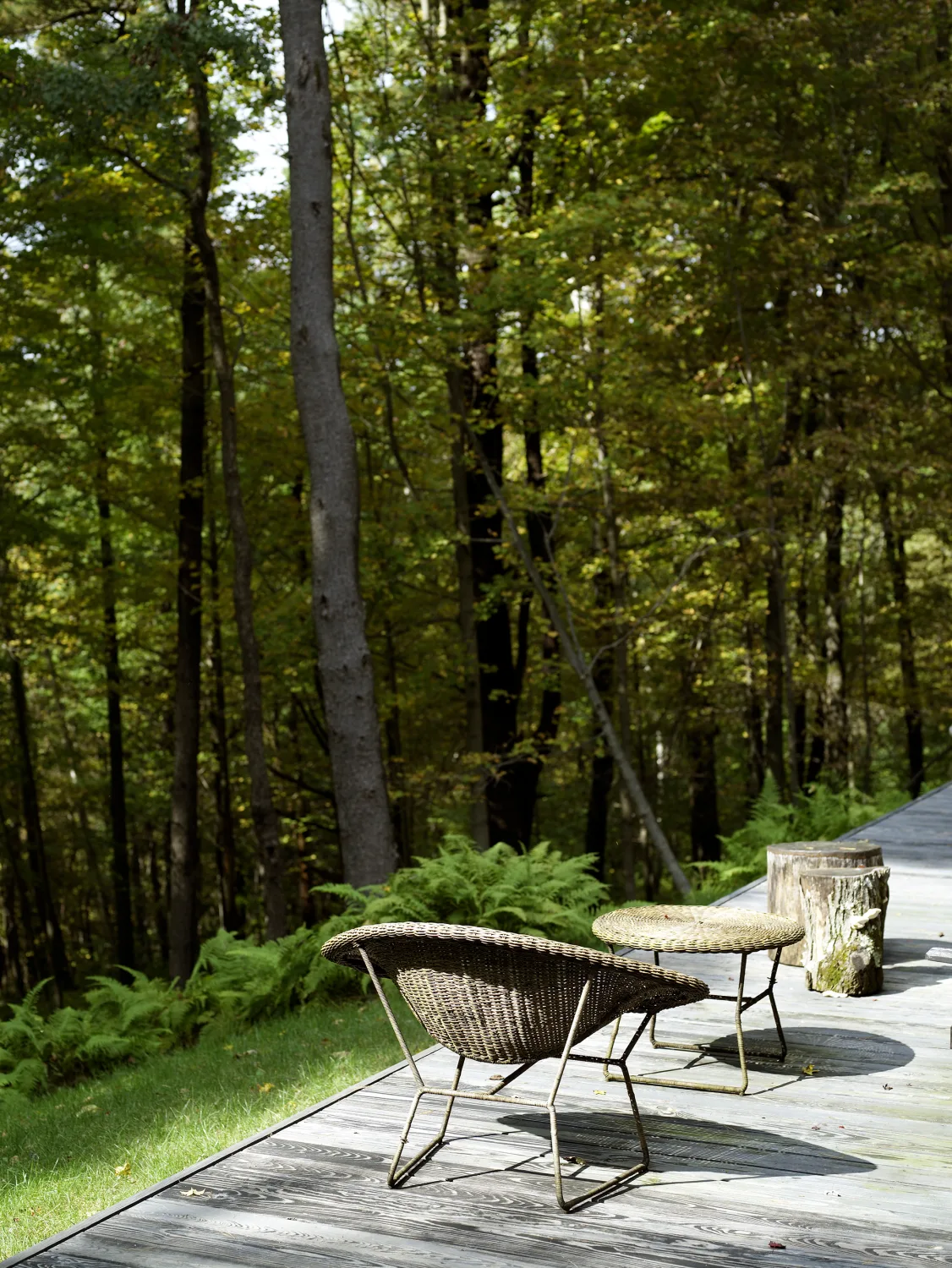deck, wood, lounge chair, table, logs