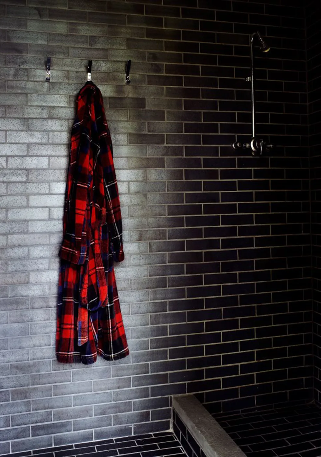 bathroom, black, tiles, shower, robe